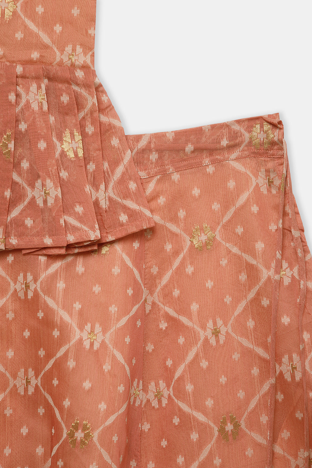 Chittythalli Girls’ Ethnic Pavadai Set – Chanderi Jamdani Peplum Top with Criss-Cross Cording & Kali Skirt | Traditional Festive Wear for Girls - PS91