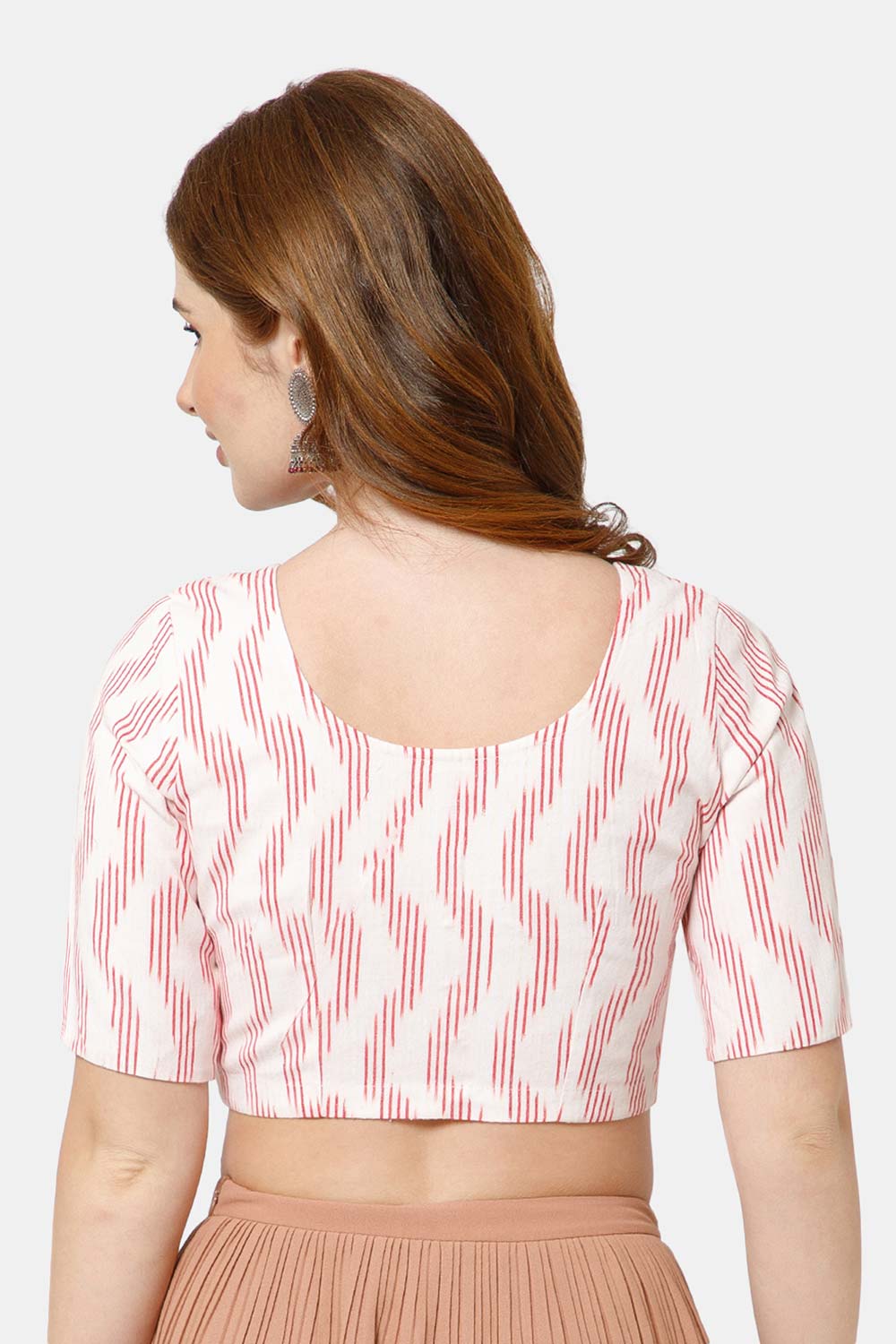 Naidu Hall Women’s Cotton Blouse | Woven U-Neck Ethnic Blouse with Elbow Sleeves & Front Closure - White Red-2 - BU17