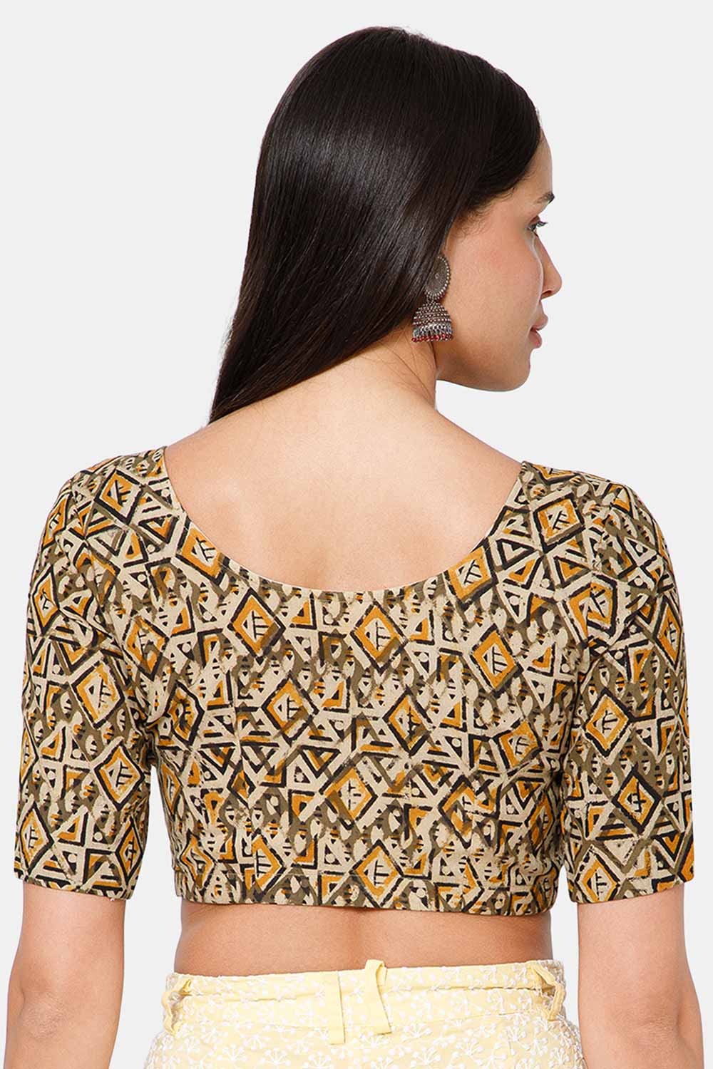 Naidu Hall Women’s Blouse Cotton Kalamkari Padded Front Open U Neck Princess Cut Elbow Sleeve Saree Blouse - Green - BU17