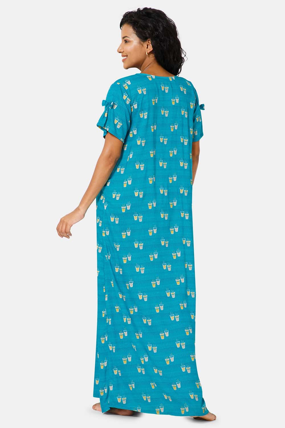Naidu Hall Round Neck Box Pleatted Short Sleeve Printed Nighty-Light blue - NT44