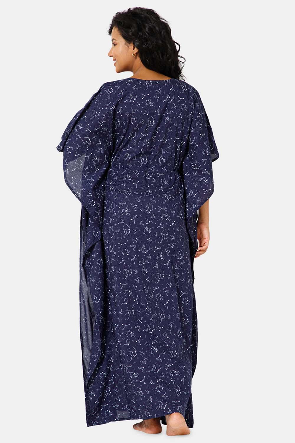 Naidu Hall Round Neck Kaftan Style Printed Nighty-Navy Blue - NT27