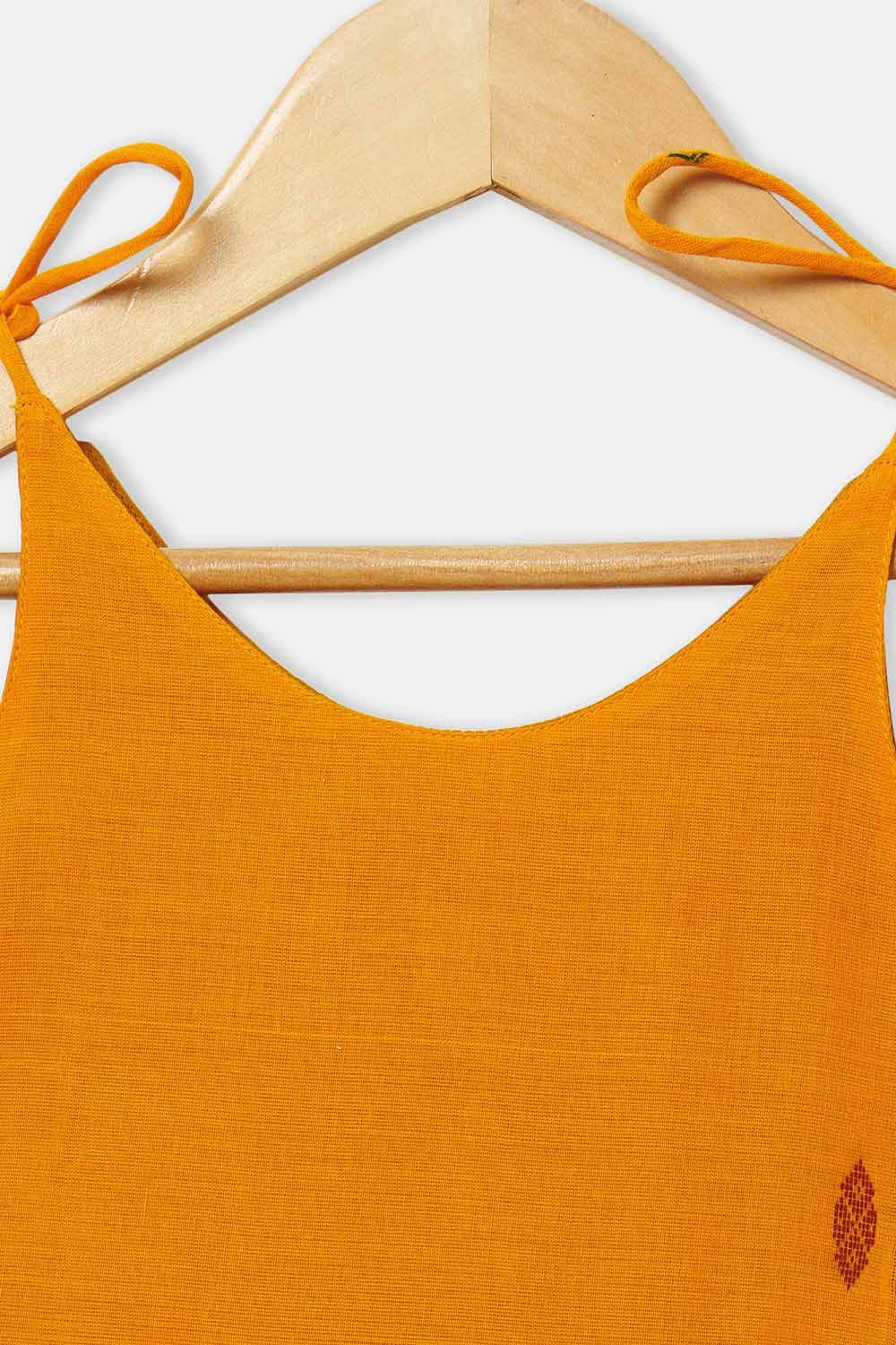 Chittythalli Girls’ Ethnic Frock – Sleeveless with Asymmetric Contrast Panel, Box Pleats & Zari Embroidery - Orange - FR41 - Naidu Hall Family Store