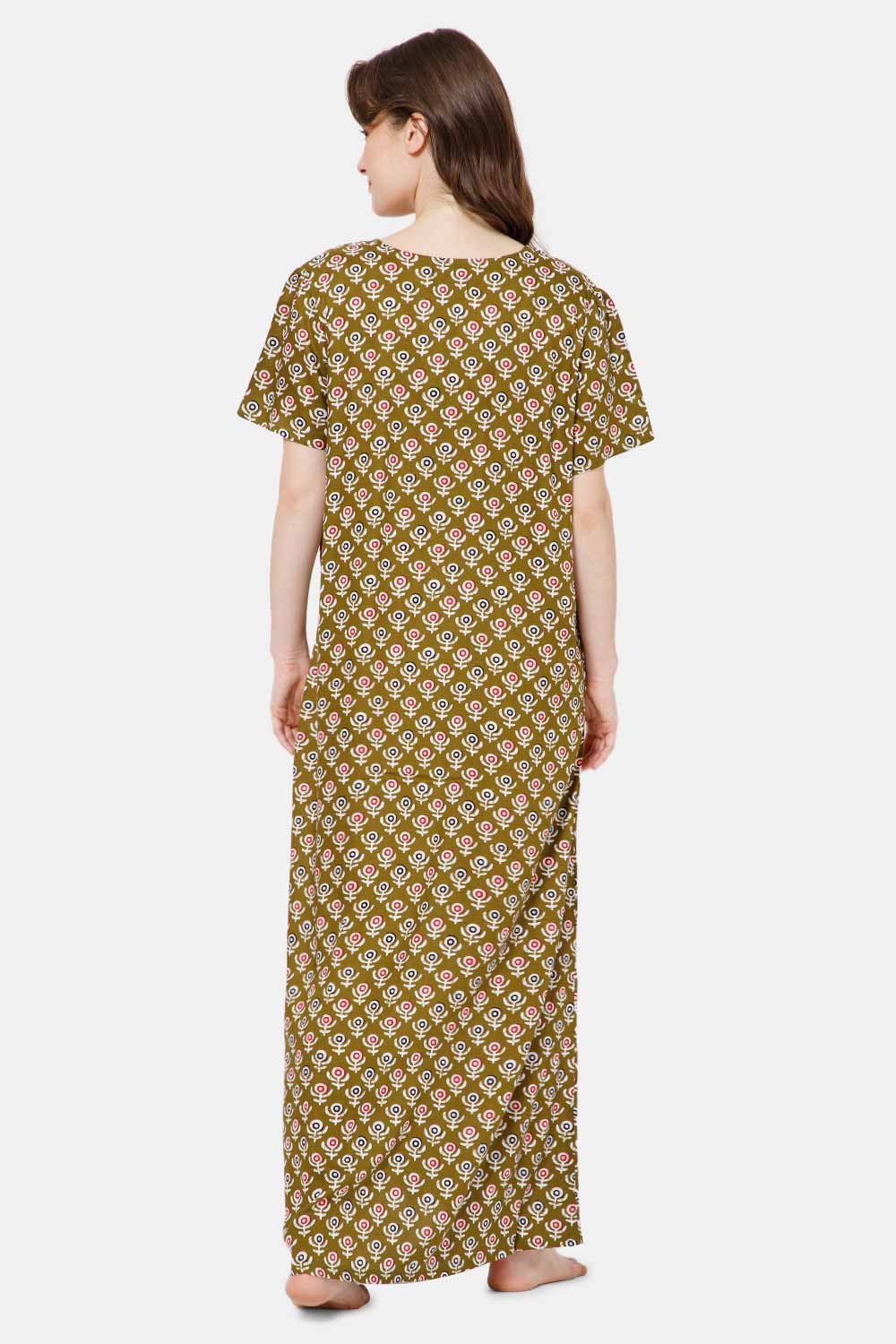 Naidu Hall Printed Nighty with Square Round Neck - Green - NT36