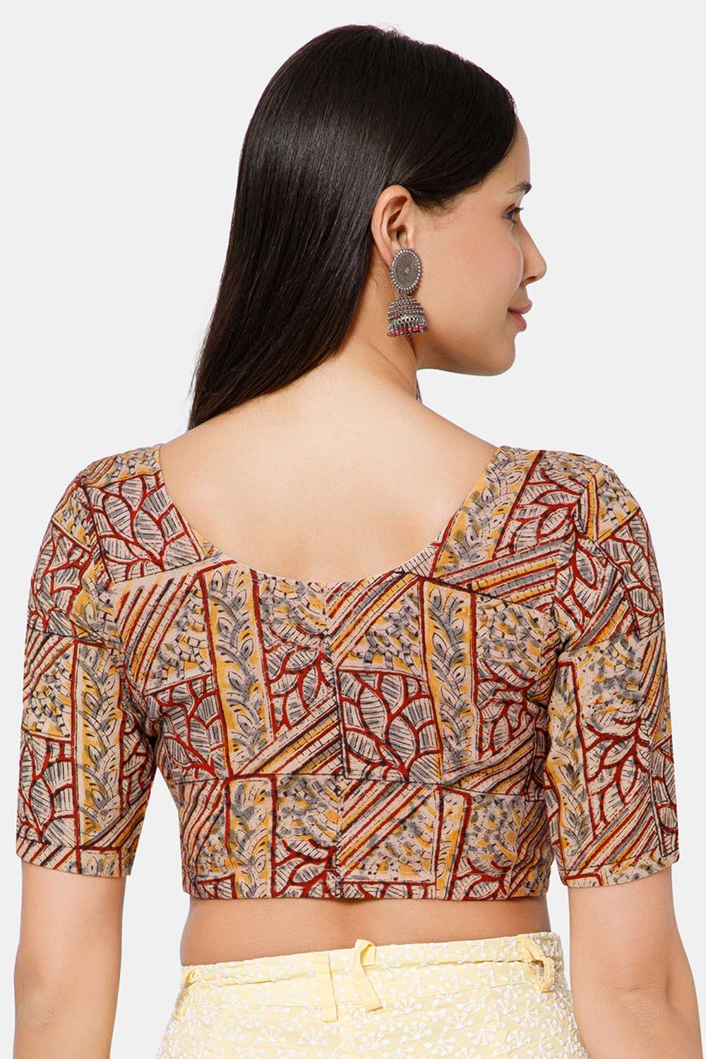 Naidu Hall Women’s Blouse Cotton Kalamkari Padded Front Open U Neck Princess Cut Elbow Sleeve Saree Blouse - Maroon - BU17