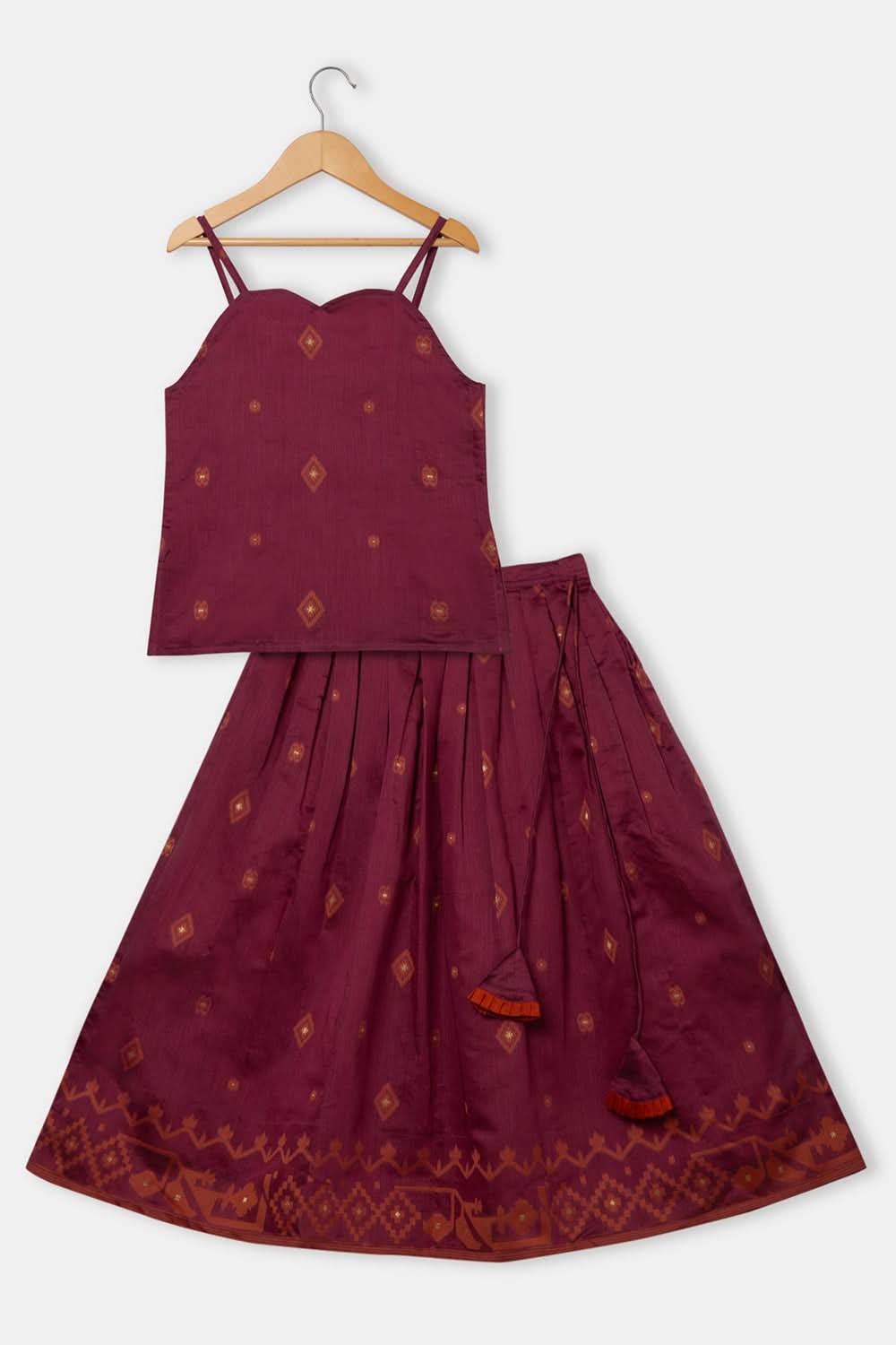 Chittythalli Girls 3-Piece Pavadai Set Spaghetti Strap Inner Box Pleat Skirt Embroidered Overcoat - Brown - PS74 - Naidu Hall Family Store