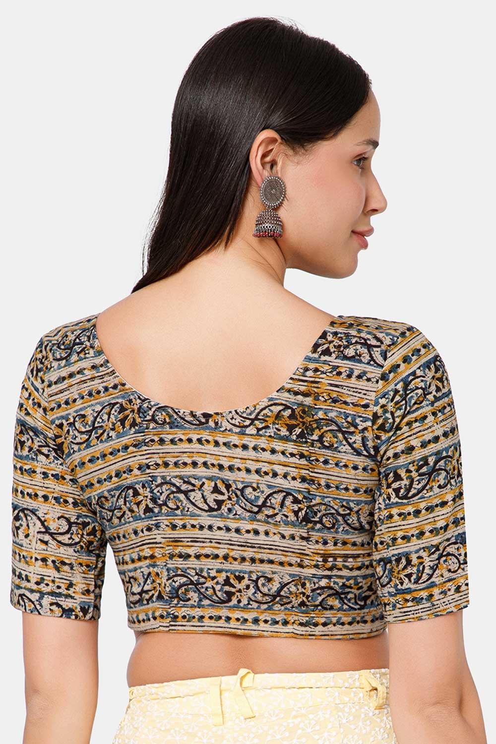 Naidu Hall Women’s Blouse Cotton Kalamkari Padded Front Open U Neck Princess Cut Elbow Sleeve Saree Blouse - Indigo - BU17