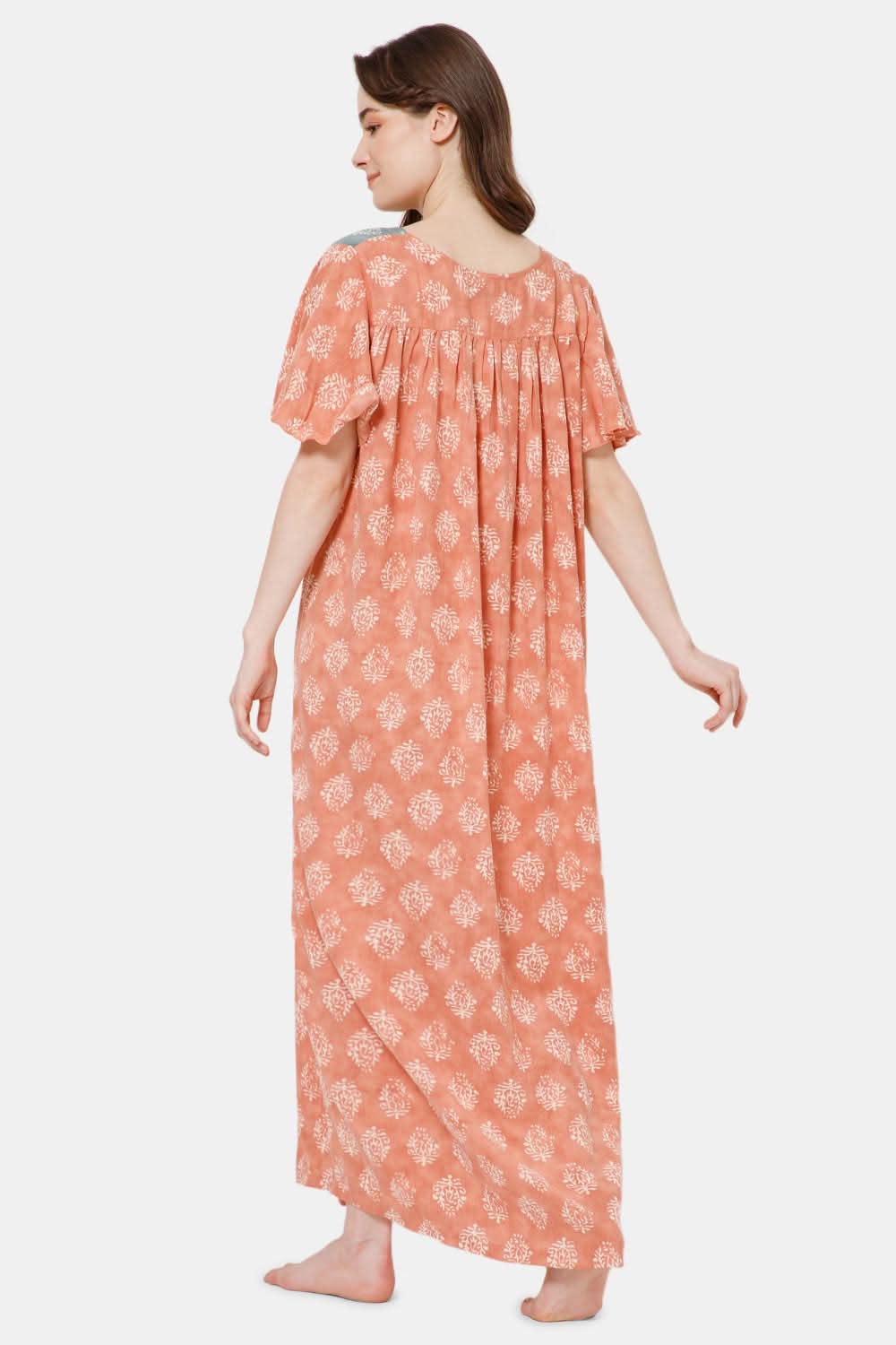 Naidu Hall All Over Printed Nighty with Butterfly Sleeves Diamond Neck - Peach - NT37