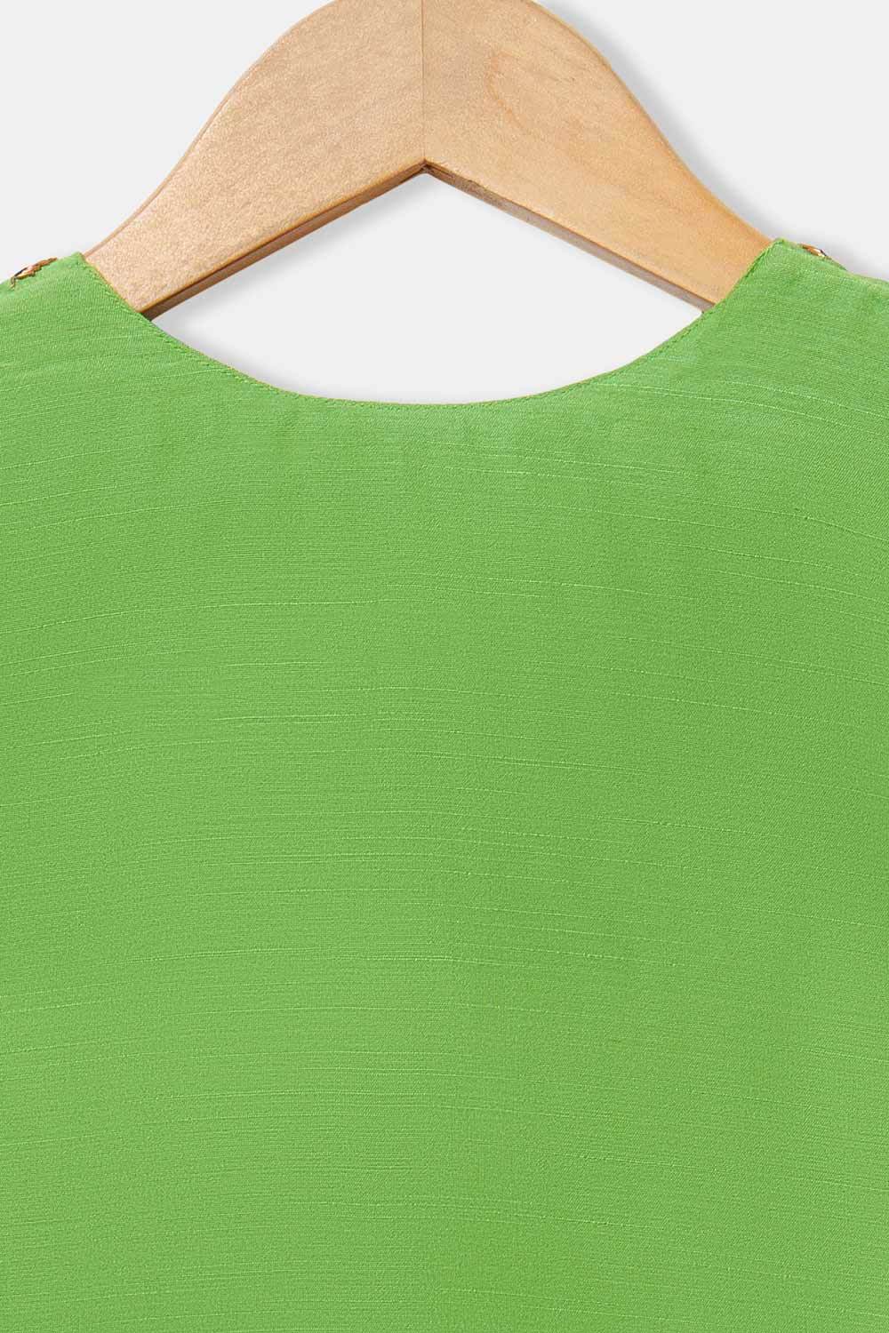 Chittythalli Girls’ Pavadai Set – V-Neck Embroidered Top with Puff Sleeves & Box-Pleated Brocade Skirt - Green - PS38 - Naidu Hall Family Store