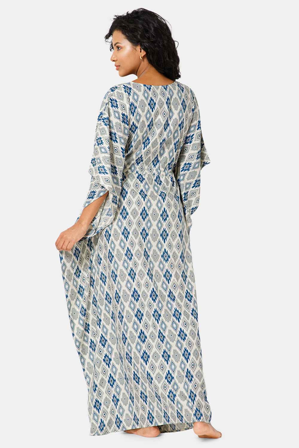 Naidu Hall Round Neck Kaftan Style Printed Nighty-Off white - NT27