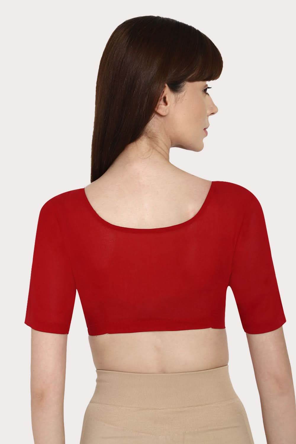 Naidu Hall Full Coverage Non-Wired Non-Padded Round Neck Long Sleeve Cotton Blouse - Dark Red - Naidu Hall Family Store