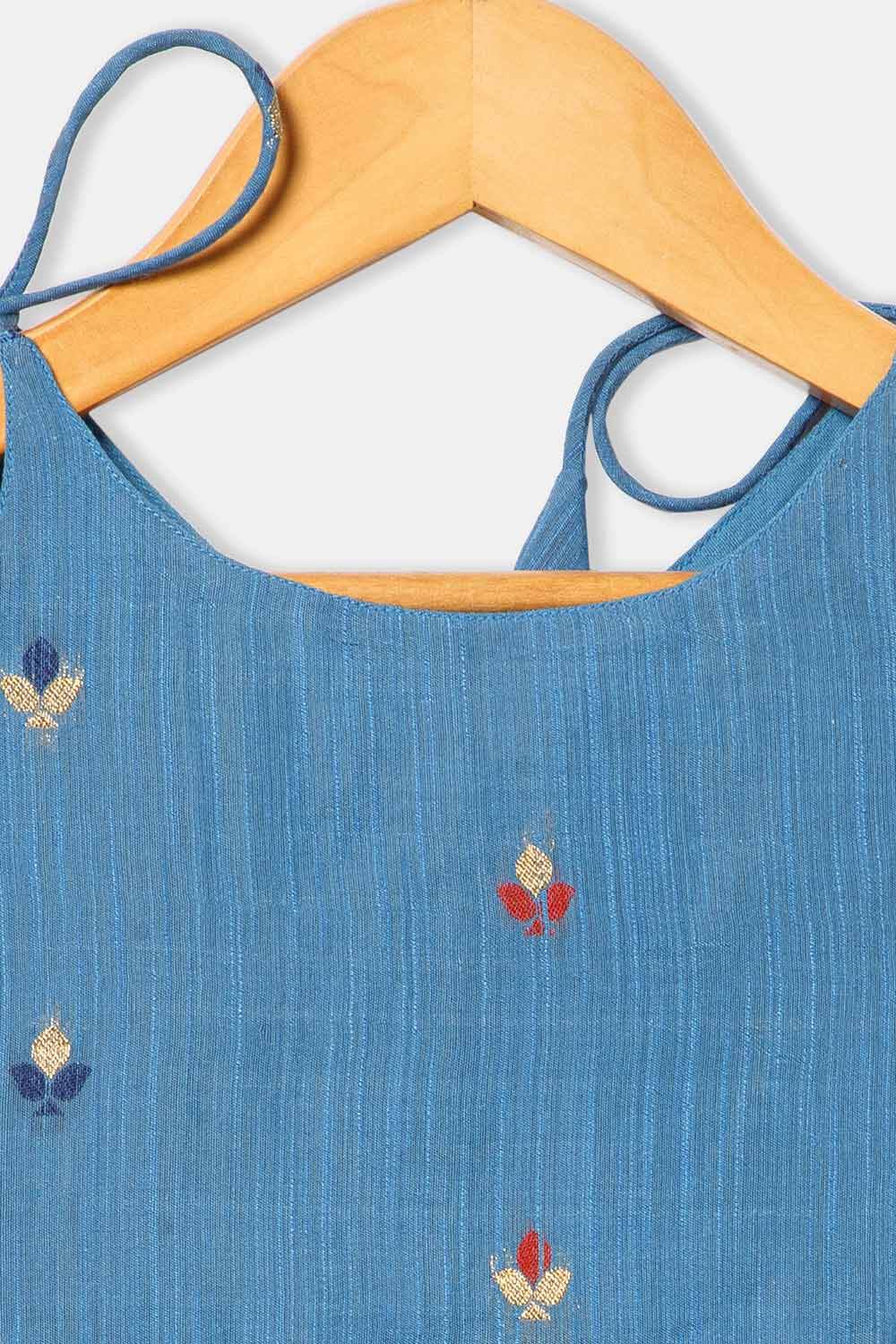 Chittythalli Girls’ Ethnic Frock – Angarkha Cut Top with Chain Stitch Embroidery & Knife Pleated Skirt - Blue - FR39 - Naidu Hall Family Store