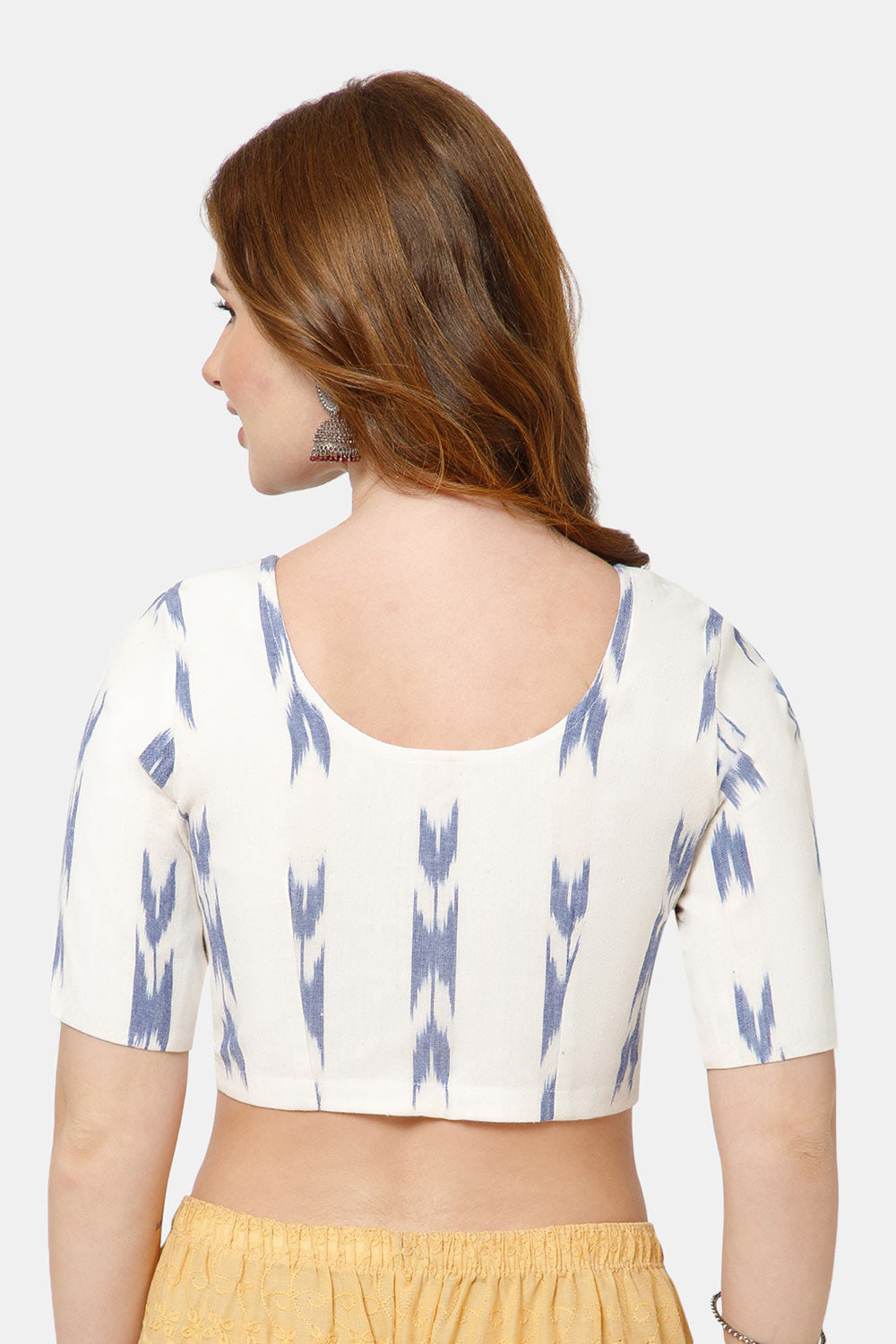 Naidu Hall Women’s Cotton Blouse | Woven U-Neck Ethnic Blouse with Elbow Sleeves & Front Closure - White Blue - BU17
