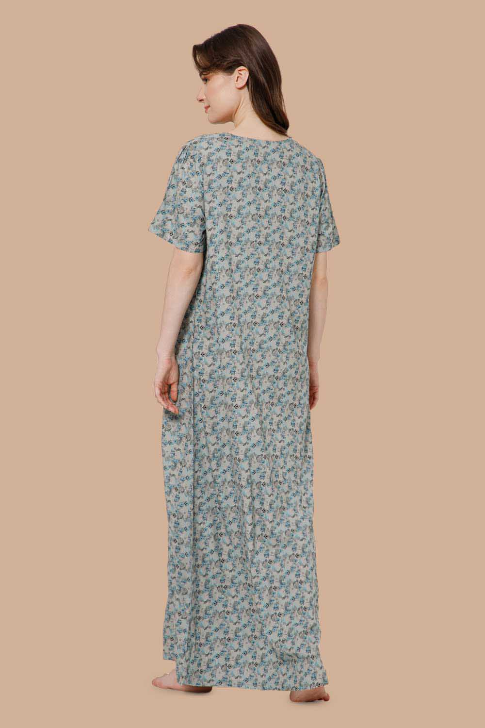 Naidu Hall Printed Nighty with Square Round Neck - Grey - NT36