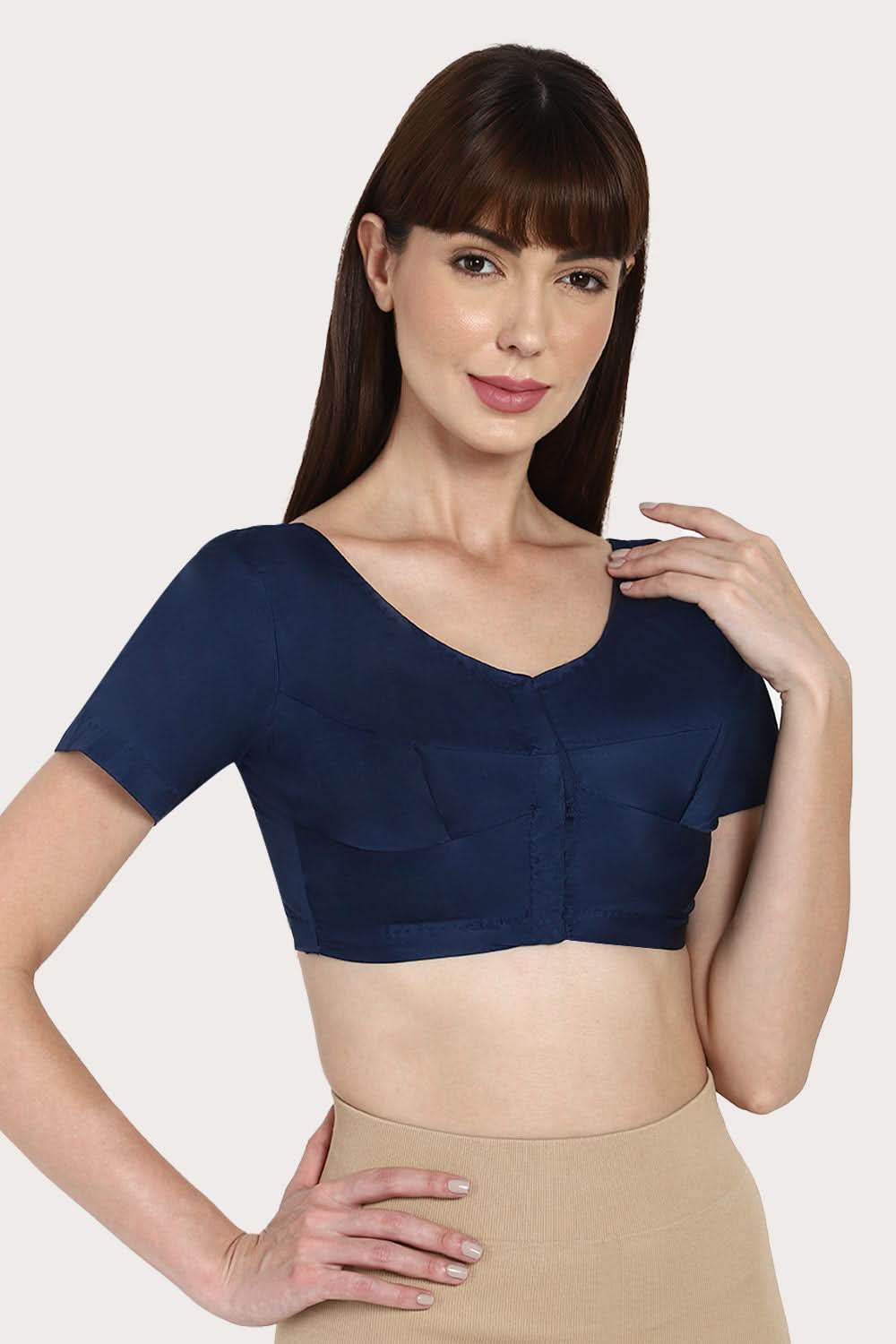 Naidu Hall Round neck Silk Cotton short sleeve blouse - Navy blue - Naidu Hall Family Store