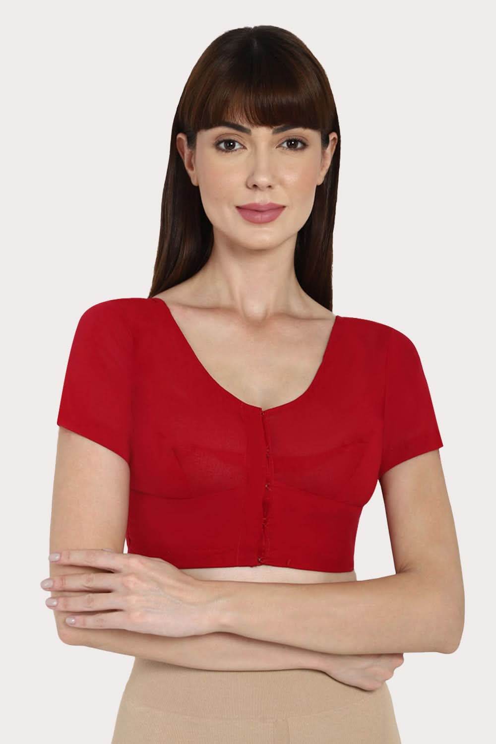 Naidu Hall Full Coverage Non-Padded Round Neck Short Sleeve Cotton Blouse - Dark Red - Naidu Hall Family Store