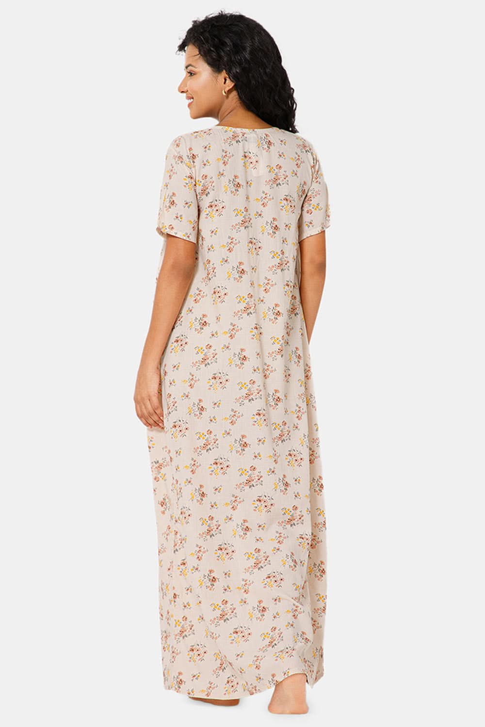 Naidu Hall Front Open Round Neck Short Sleeve Printed Nighty-Orange - NT11