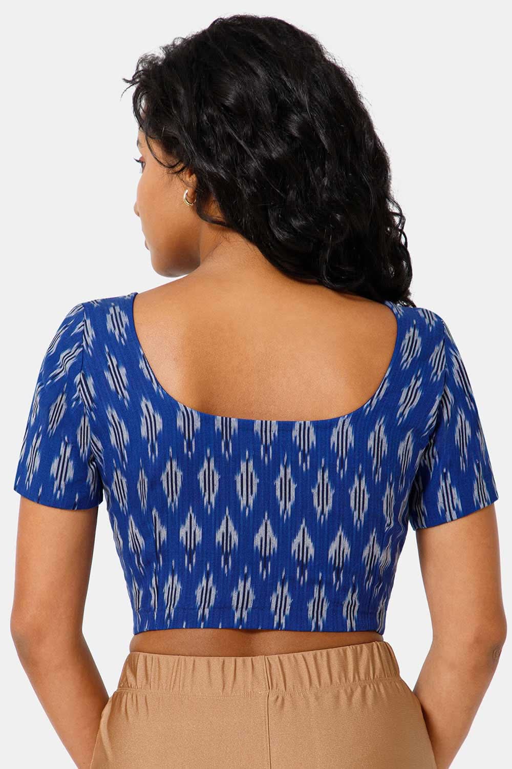 Naiduhall Princess Cut Round Neck Short Sleeve Ikat Blouse - Blue - BU10