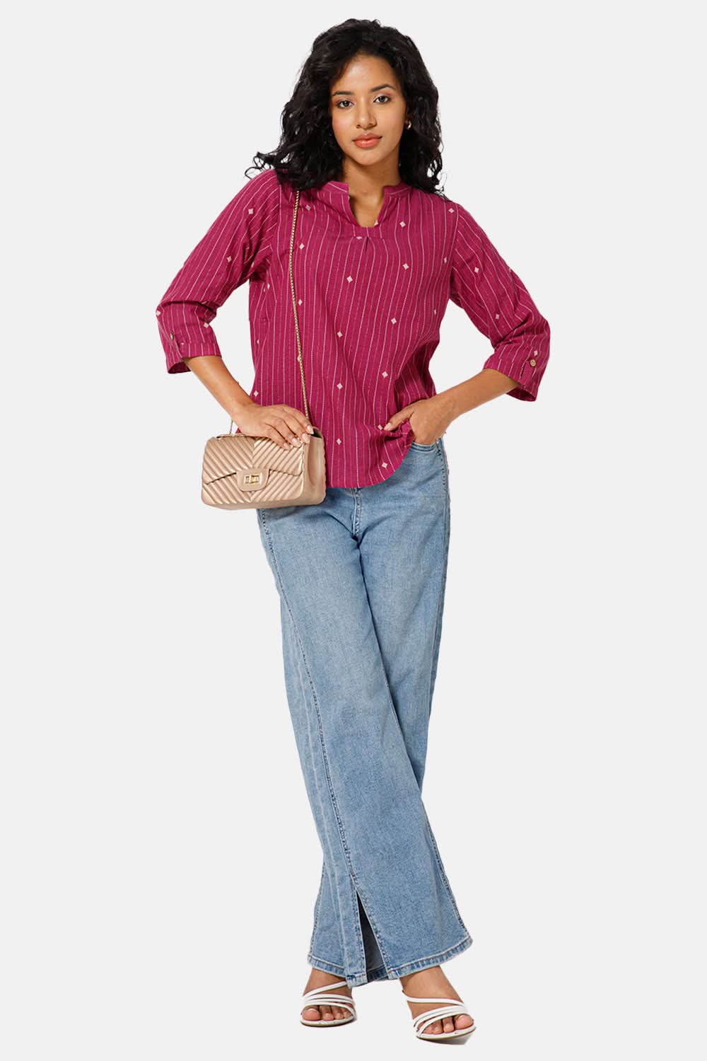 Mythri Manderian Collar 3/4th Sleeve Tab Top - Purple - TO04