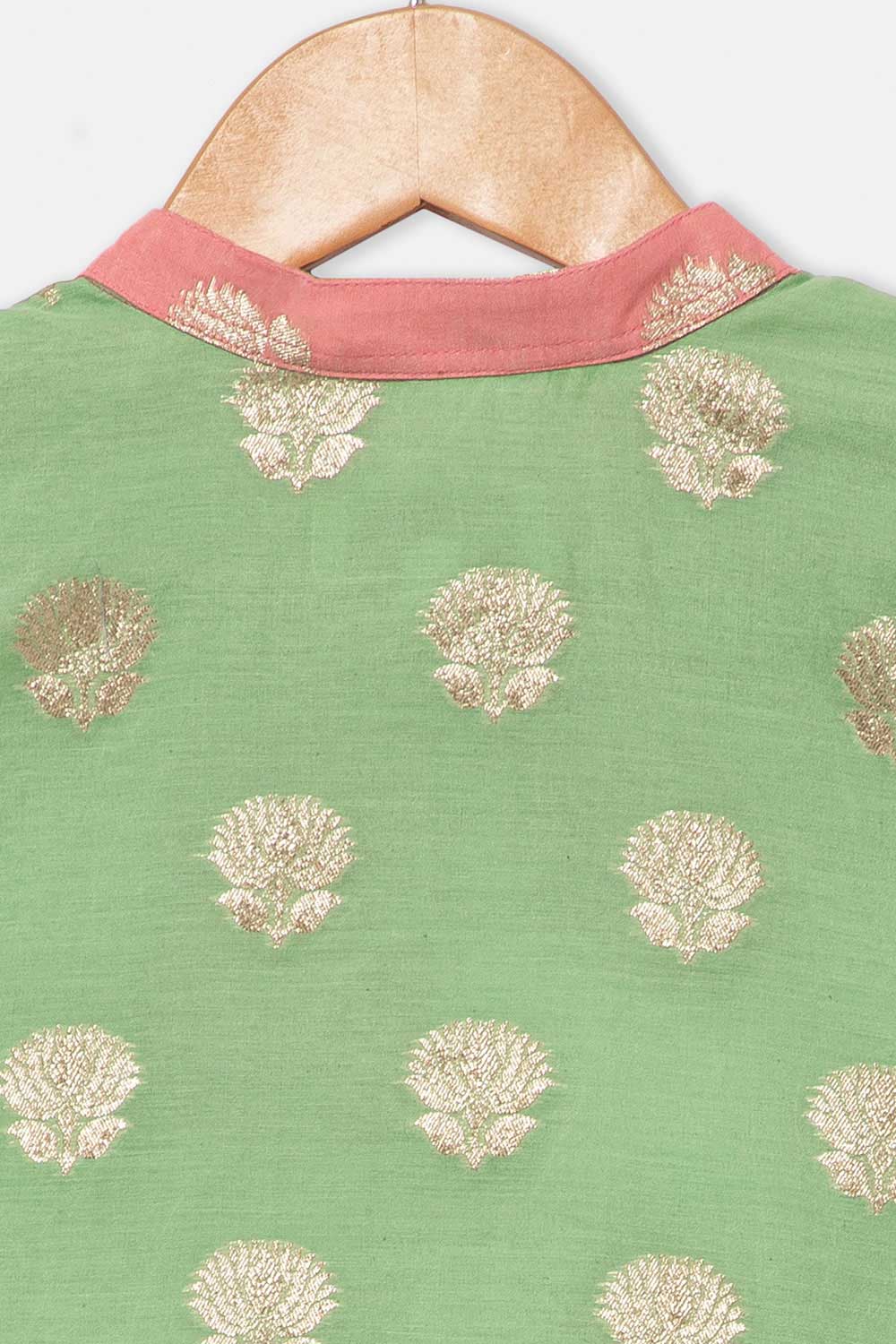 Chittythalli Girls Traditional Pavadai Set with Mandarin Collar Top and Double Layered Flared Skirt - Green - PS70