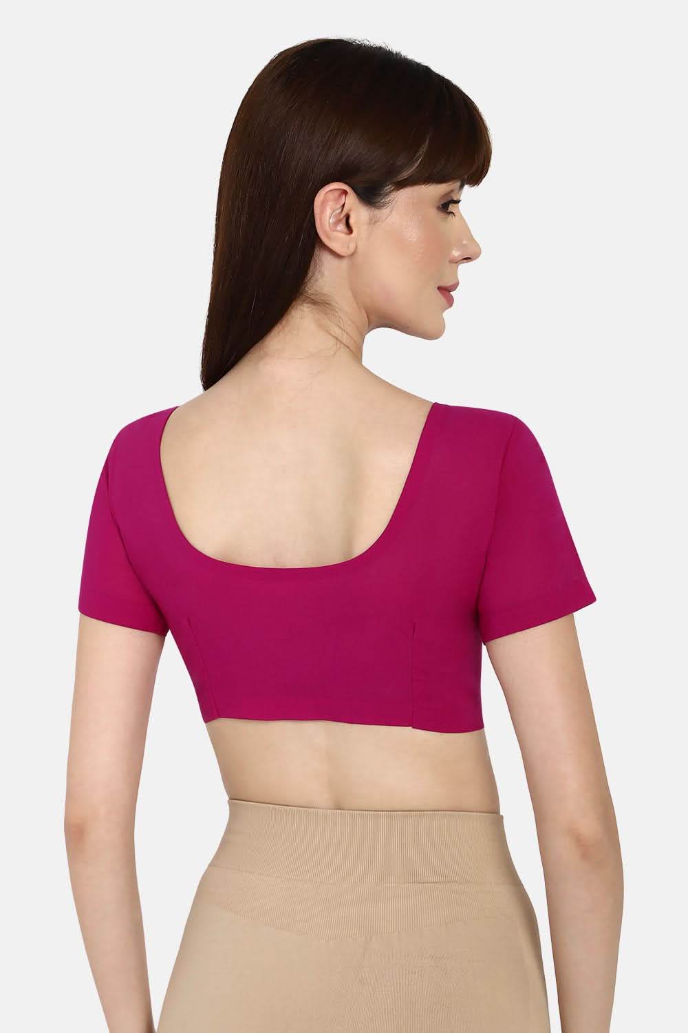 Naidu Hall Full Coverage Non-Wired Non-Padded Round neck short sleeve blouse - Violet - Naidu Hall Family Store