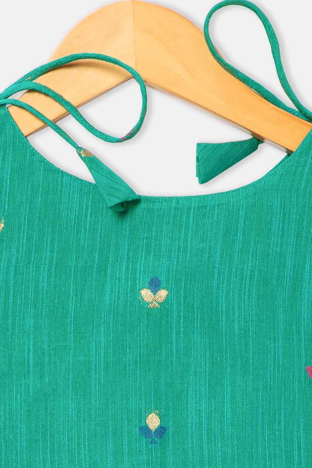 Chittythalli Girls’ Ethnic Frock – Angarkha Cut Top with Chain Stitch Embroidery & Knife Pleated Skirt - Green - FR39 - Naidu Hall Family Store