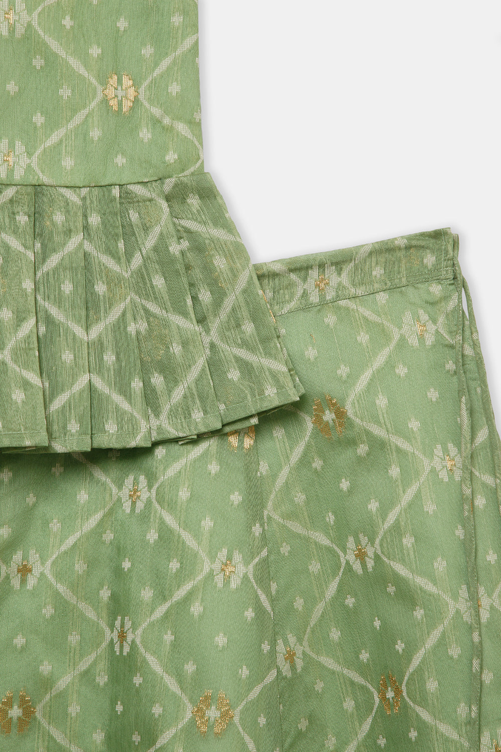 Chittythalli Girls’ Ethnic Pavadai Set – Chanderi Jamdani Peplum Top with Criss-Cross Cording & Kali Skirt | Traditional Festive Wear for Girls - PS91