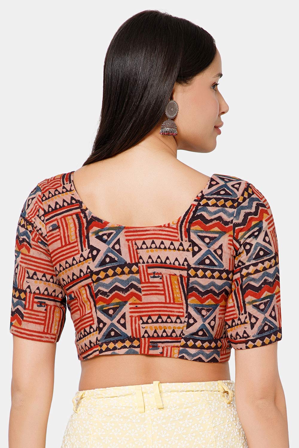 Naidu Hall Women’s Blouse Cotton Kalamkari Padded Front Open U Neck Princess Cut Elbow Sleeve Saree Blouse - Red - BU17