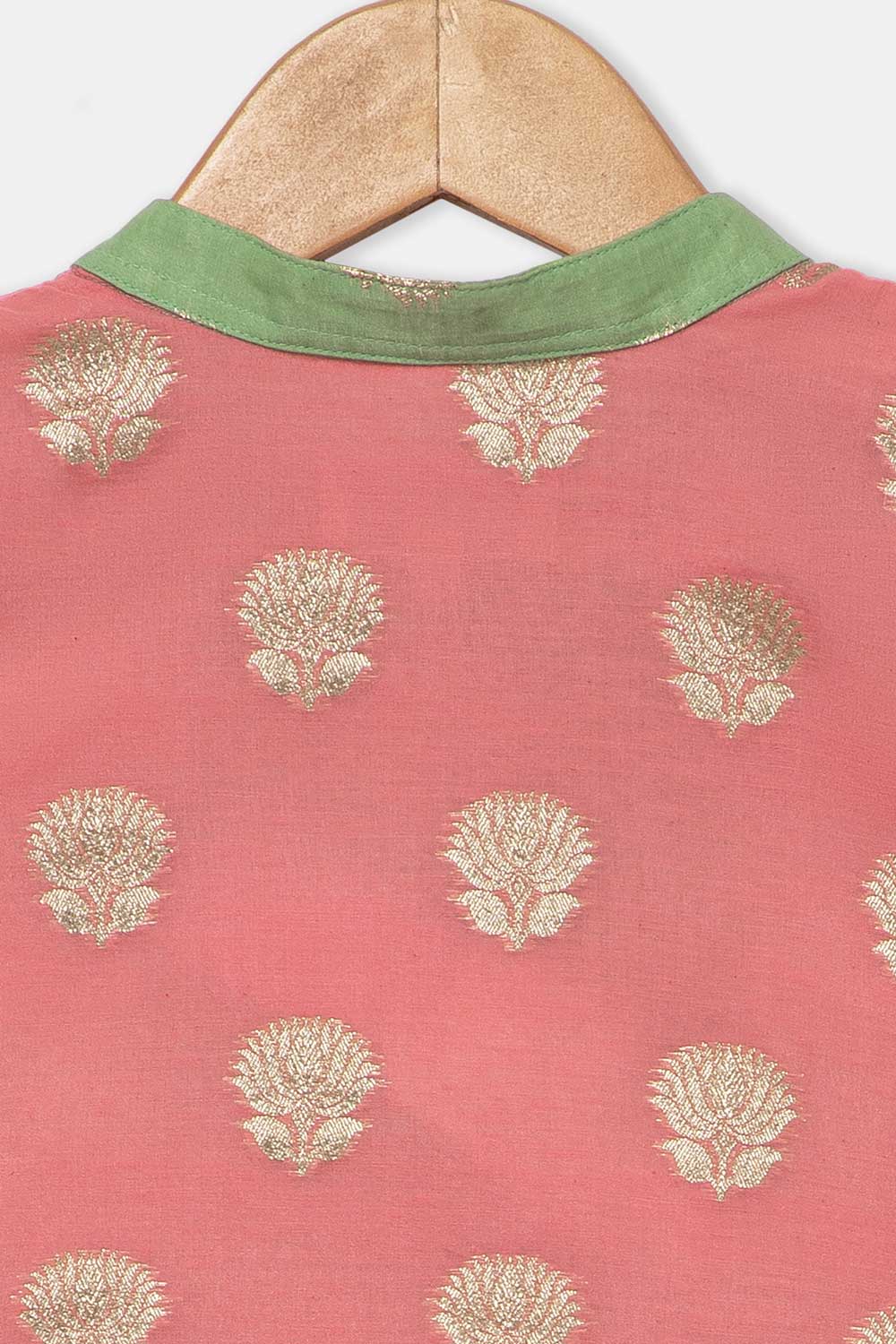 Chittythalli Girls Traditional Pavadai Set with Mandarin Collar Top and Double Layered Flared Skirt - Peach - PS70