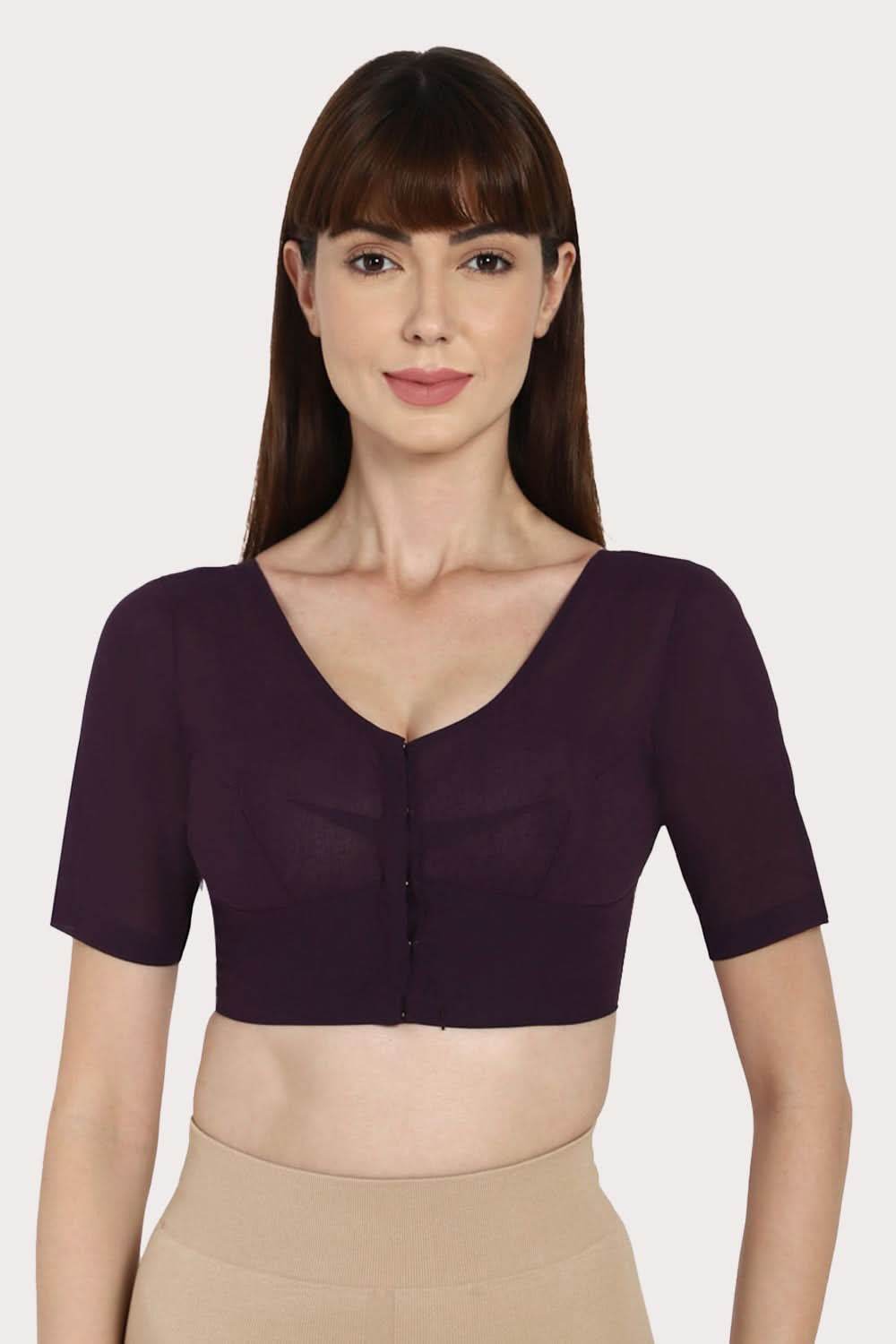 Naidu Hall Full Coverage Non-Wired Non-Padded Round Neck Long Sleeve Cotton Blouse - Dark Wine - Naidu Hall Family Store