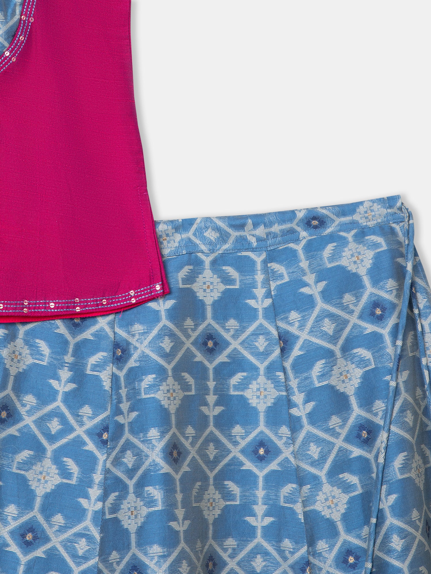 Chittythalli Round Neck Puff Sleeve Top with Embroidery & Tassel Detailed Kali Skirt - Magenta - PS78