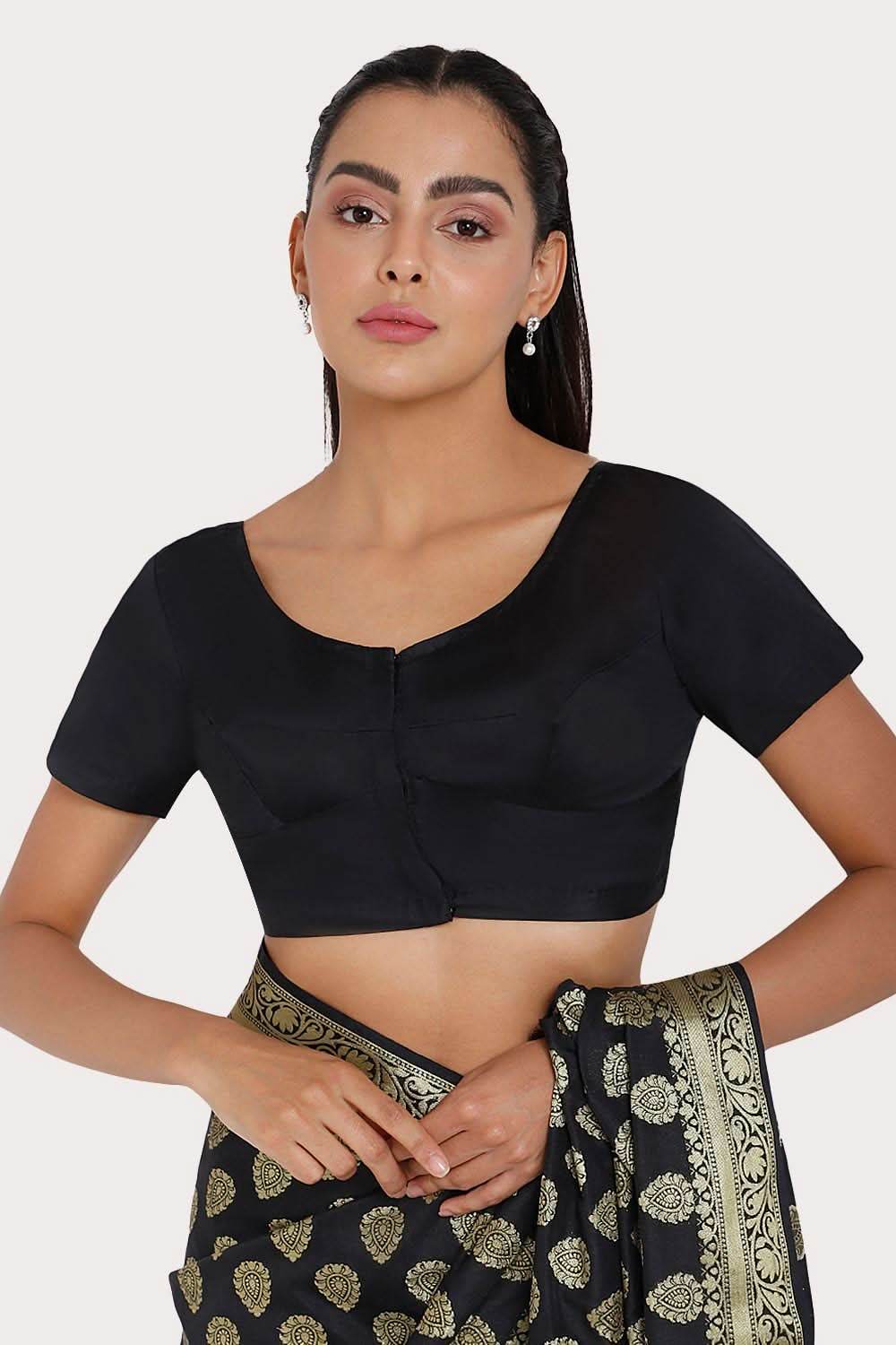 Naidu Hall Round neck Silk Cotton short sleeve blouse - Black - Naidu Hall Family Store