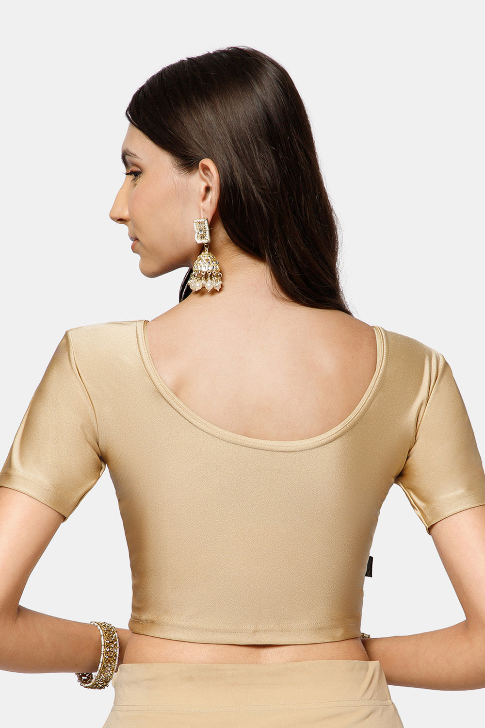 Naidu Hall Women’s Shimmer Knitted Saree Blouse | Silk Blend Round Neck Short Sleeve Ready to Wear Blouse | Regular Fit Solid Stretch Blouse for Sarees - Skin Shimmer