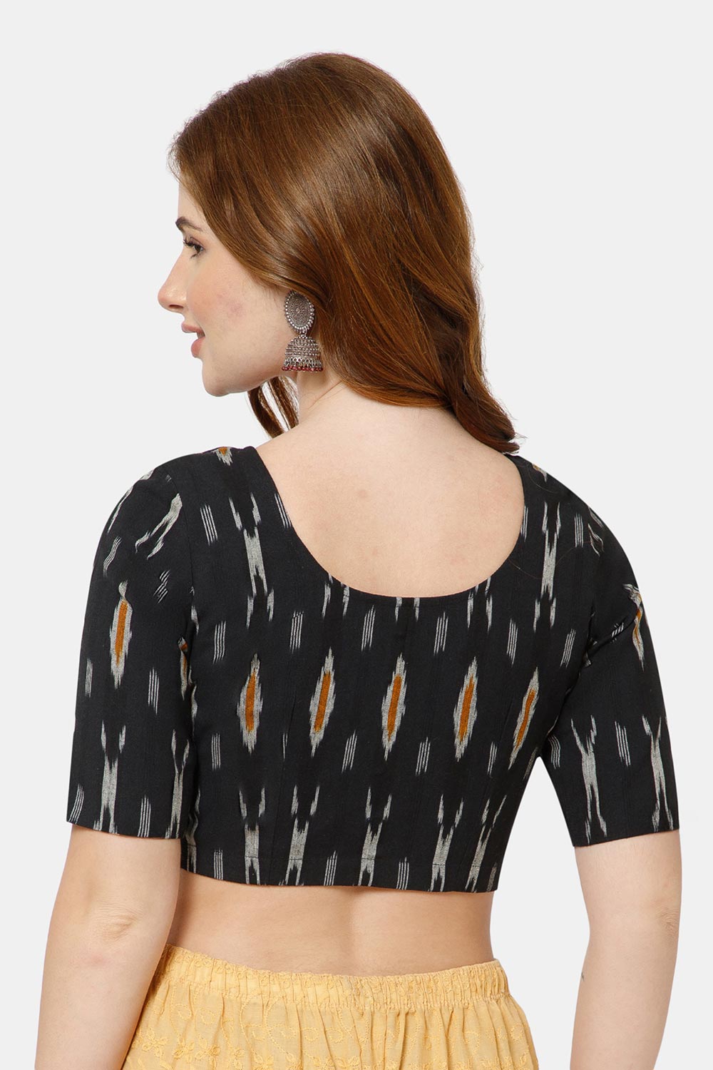 Naidu Hall Women’s Cotton Blouse | Woven U-Neck Ethnic Blouse with Elbow Sleeves & Front Closure - Black - BU17
