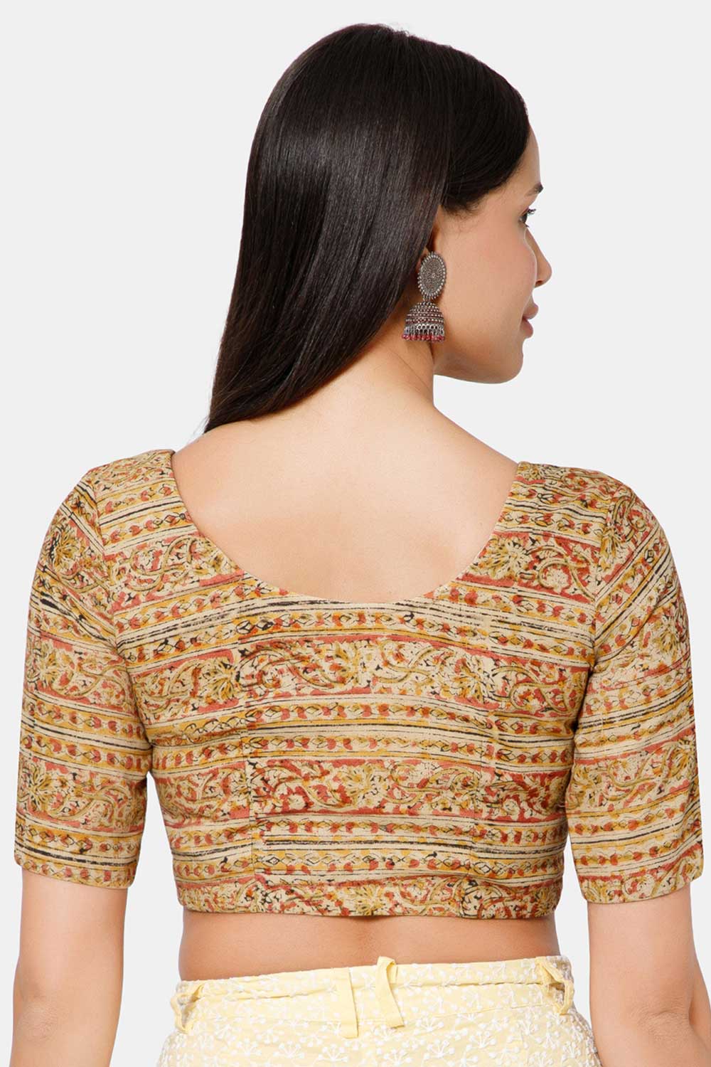 Naidu Hall Women’s Blouse Cotton Kalamkari Padded Front Open U Neck Princess Cut Elbow Sleeve Saree Blouse - Yellow - BU17