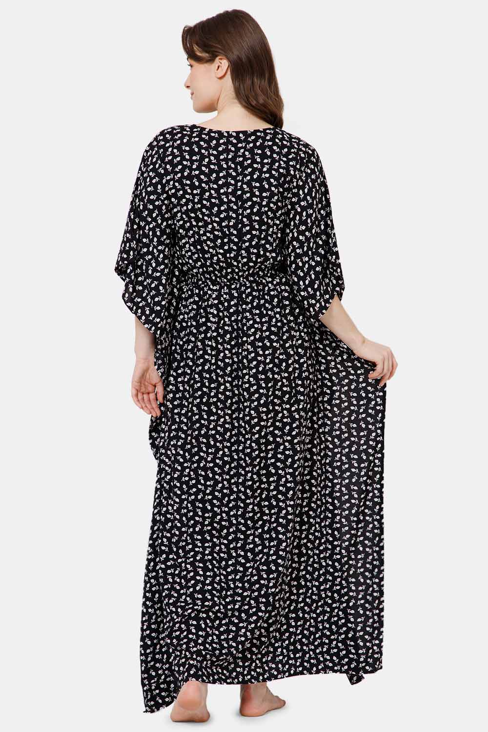 Naidu Hall Modern Printed Kaftan Style Nighty with Round Neck - Black print-2 - NT27
