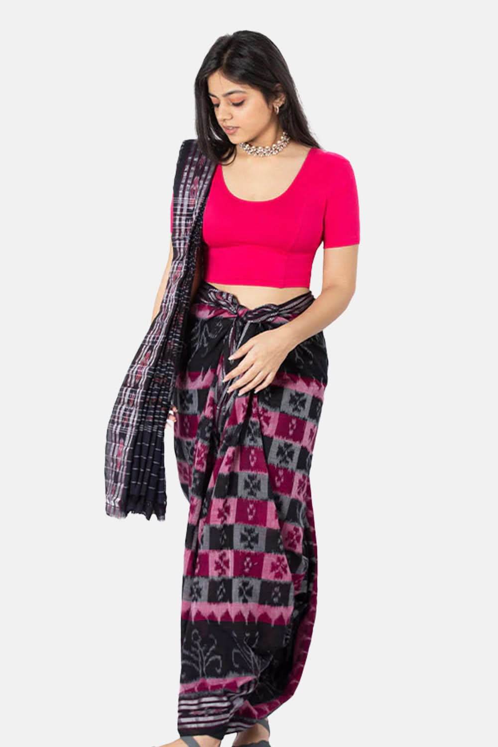 Naidu Hall Knitted Blouse With Round Neck Princess Cut Short Sleeve - Fuschia - Naidu Hall Family Store