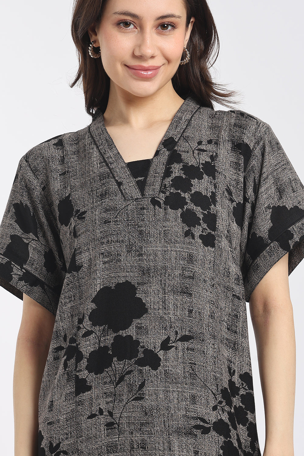 Naidu Hall Women's Printed Cotton Full-Length Nighty | Shawl Collar, Short Sleeves & Regular Fit-NB62