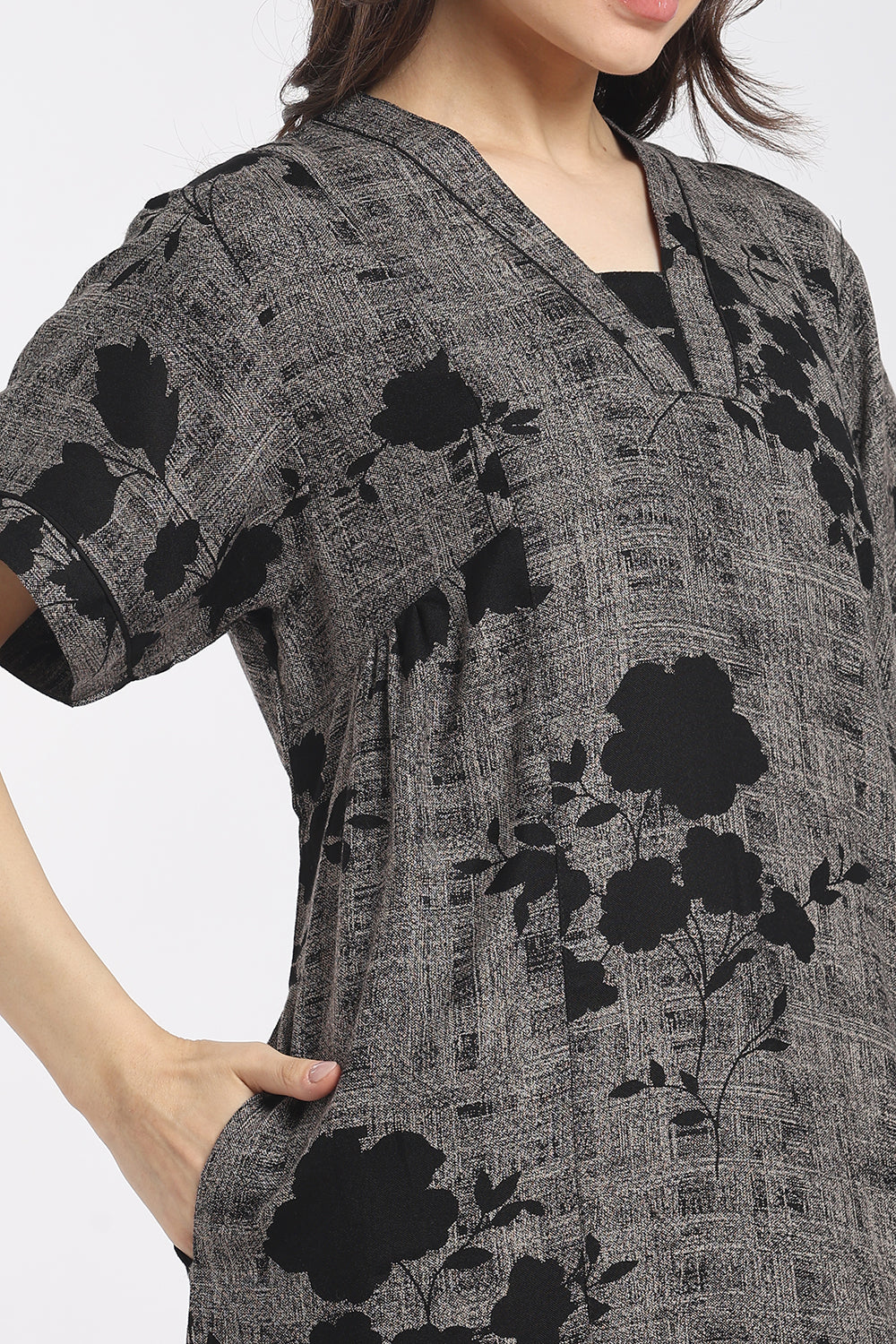 Naidu Hall Women's Printed Cotton Full-Length Nighty | Shawl Collar, Short Sleeves & Regular Fit-NB62