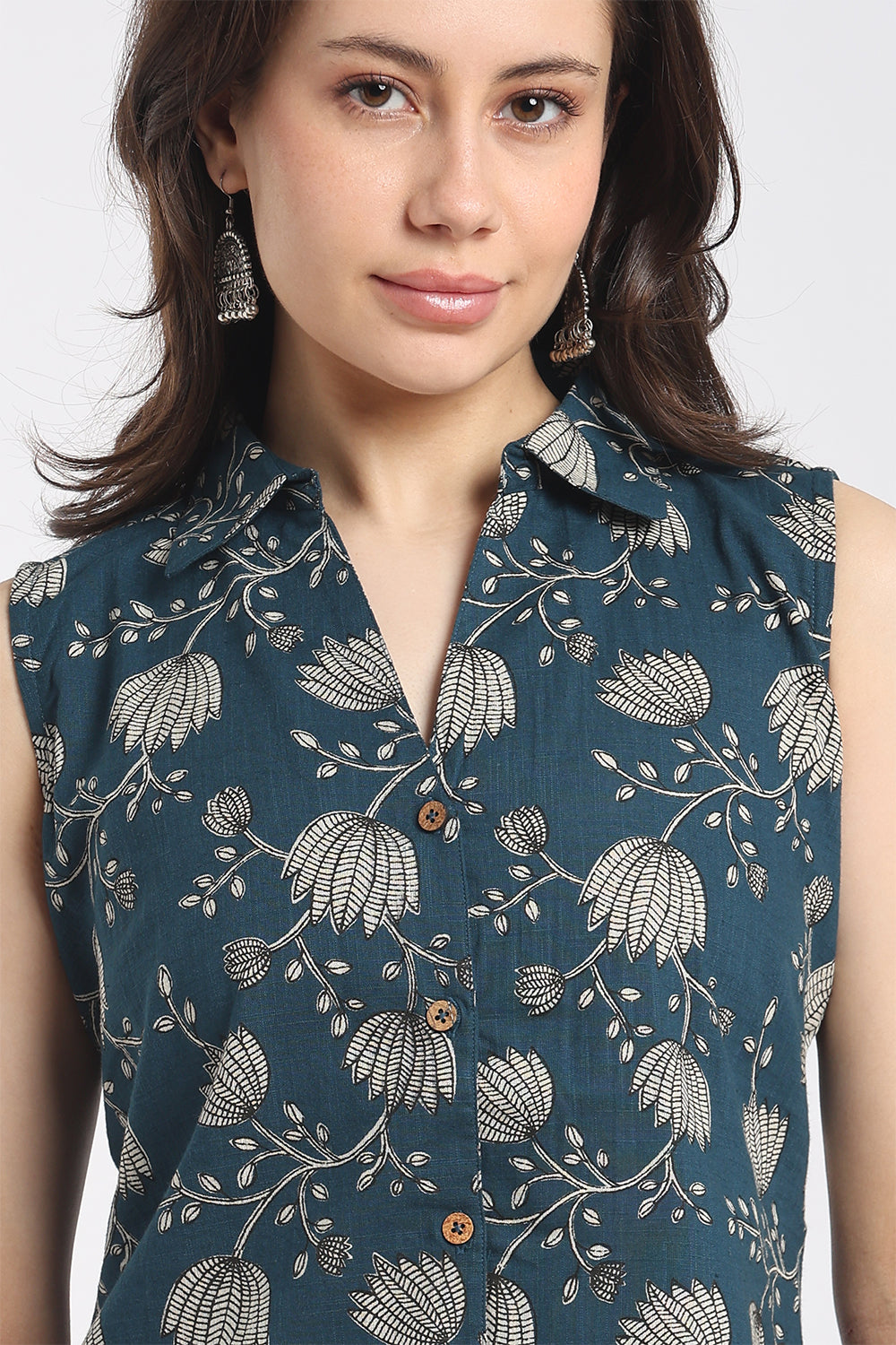 Mythri Women's Cotton Sleeveless Shirt Collar Top | Button Down Regular Fit Casual Top | TO52