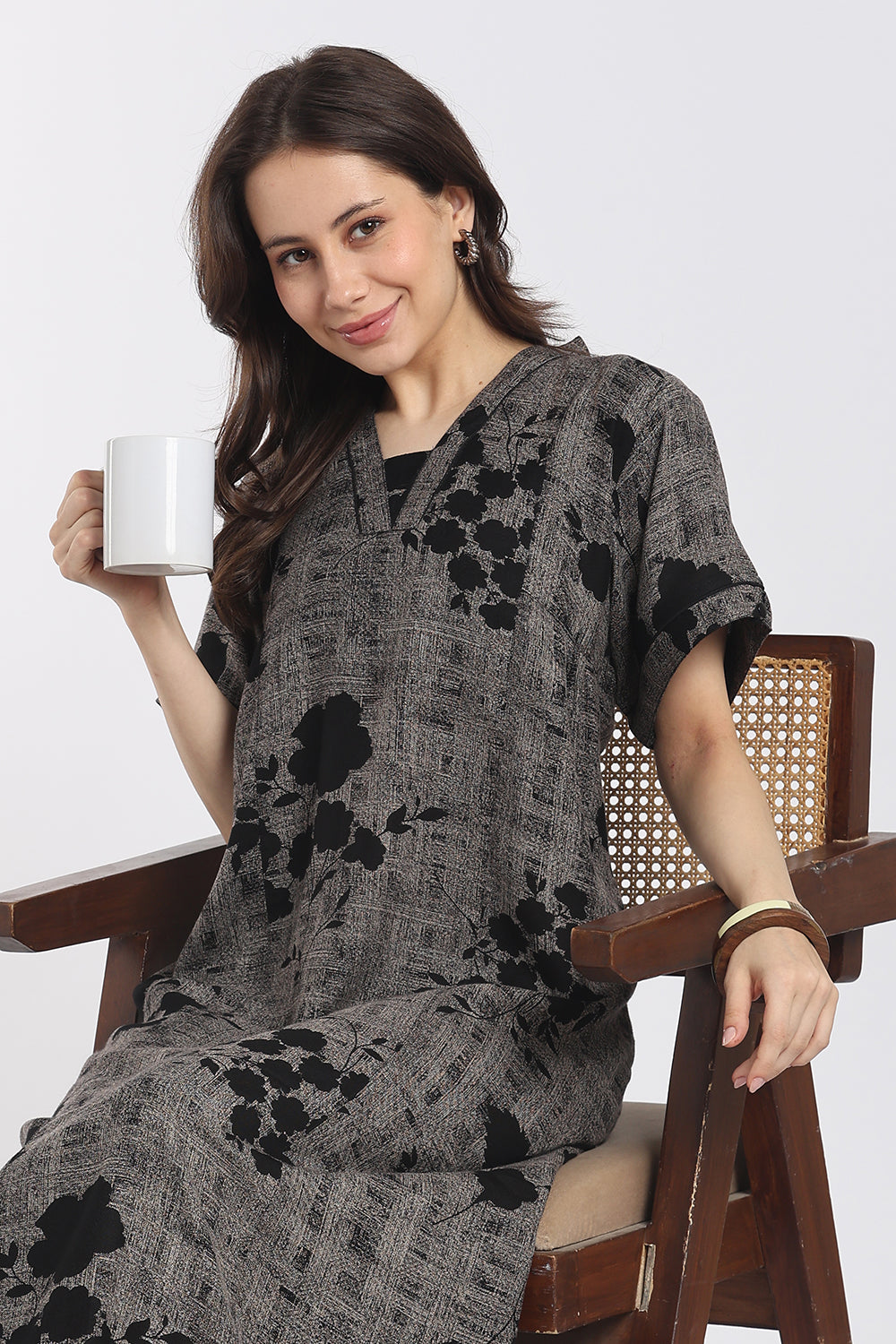 Naidu Hall Women's Printed Cotton Full-Length Nighty | Shawl Collar, Short Sleeves & Regular Fit-NB62