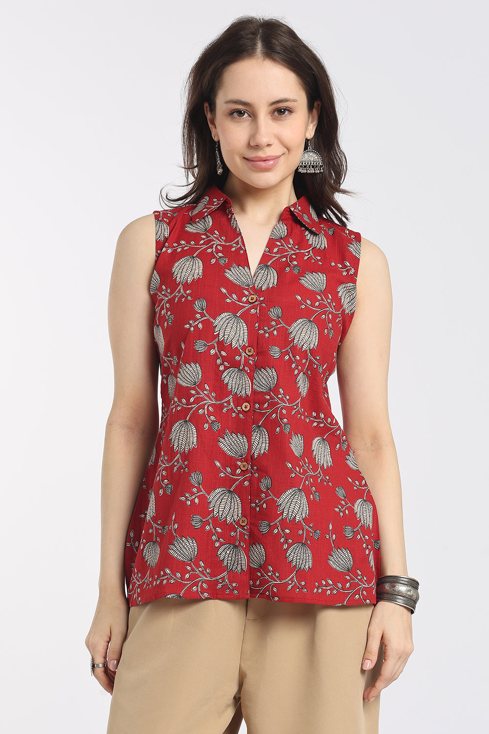 Mythri Women's Cotton Sleeveless Shirt Collar Top | Button Down Regular Fit Casual Top | TO52