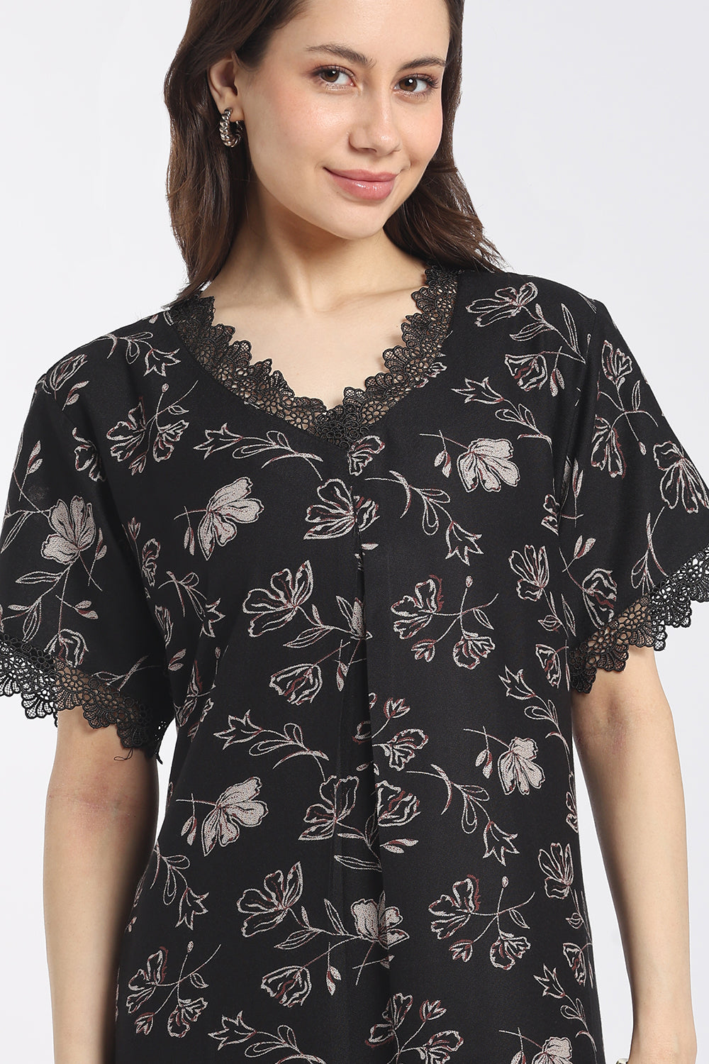 Naidu Hall Women's Printed Cotton A-Line Nighty | V-Neck Lace Detail, Short Sleeves & Full Length-NB65