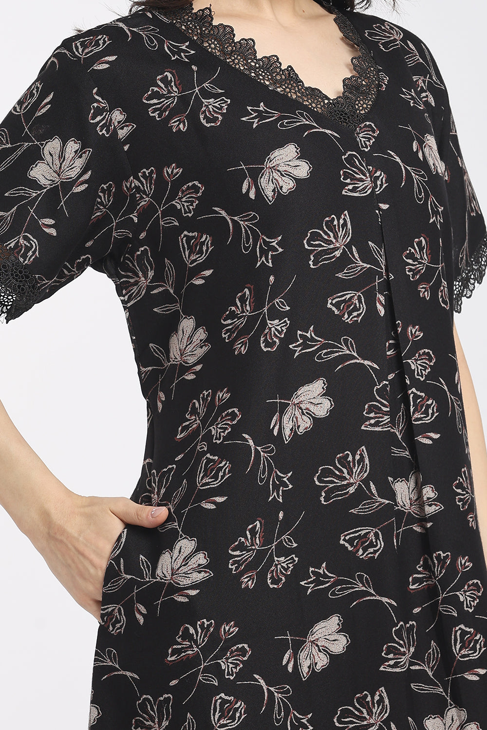 Naidu Hall Women's Printed Cotton A-Line Nighty | V-Neck Lace Detail, Short Sleeves & Full Length-NB65
