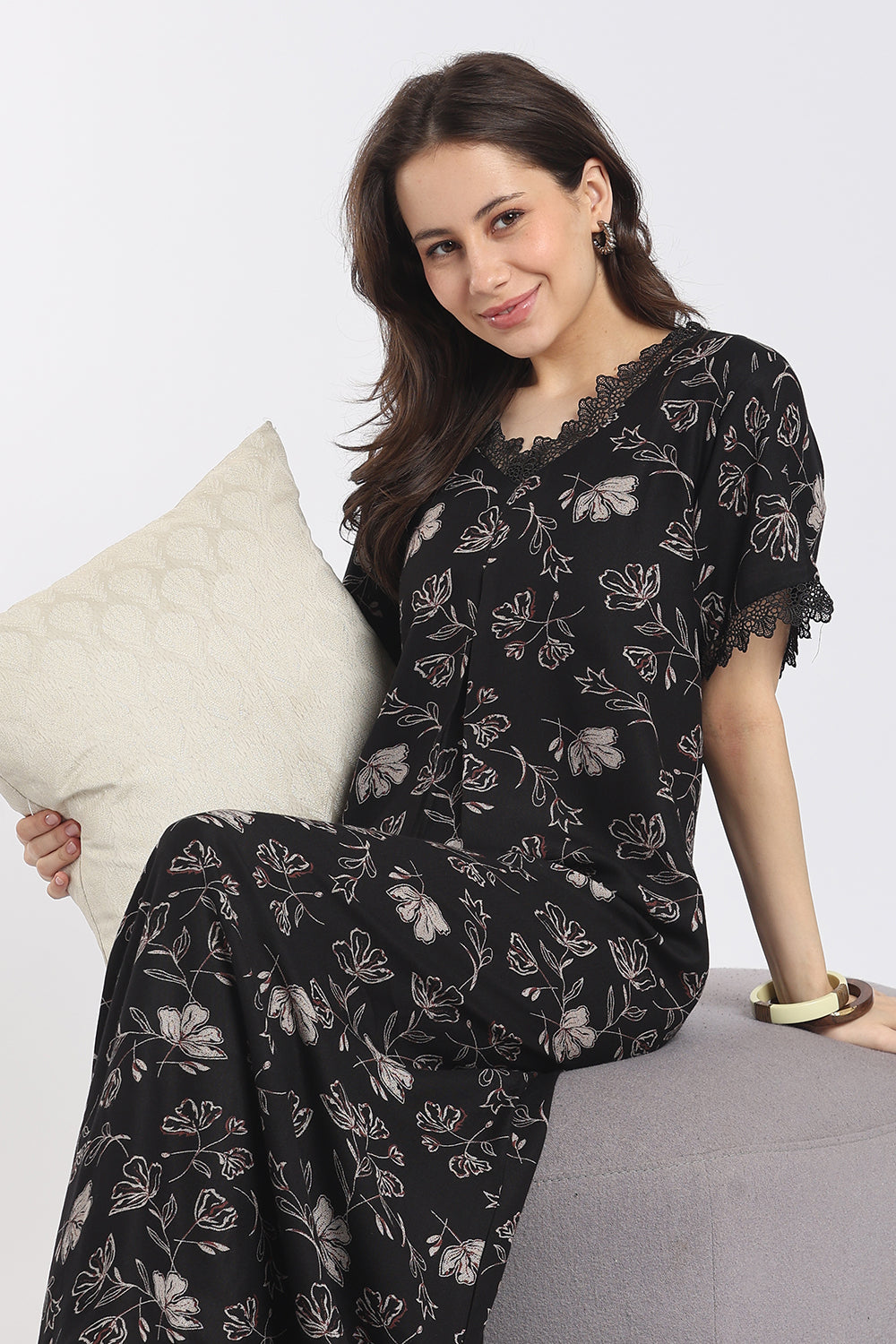 Naidu Hall Women's Printed Cotton A-Line Nighty | V-Neck Lace Detail, Short Sleeves & Full Length-NB65