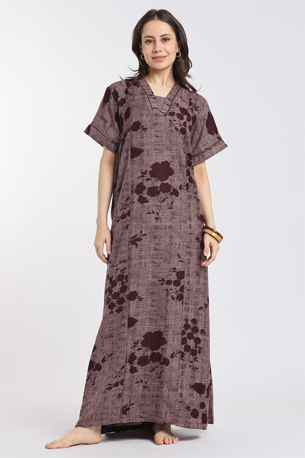 Naidu Hall Women's Printed Cotton Full-Length Nighty | Shawl Collar, Short Sleeves & Regular Fit-NB60
