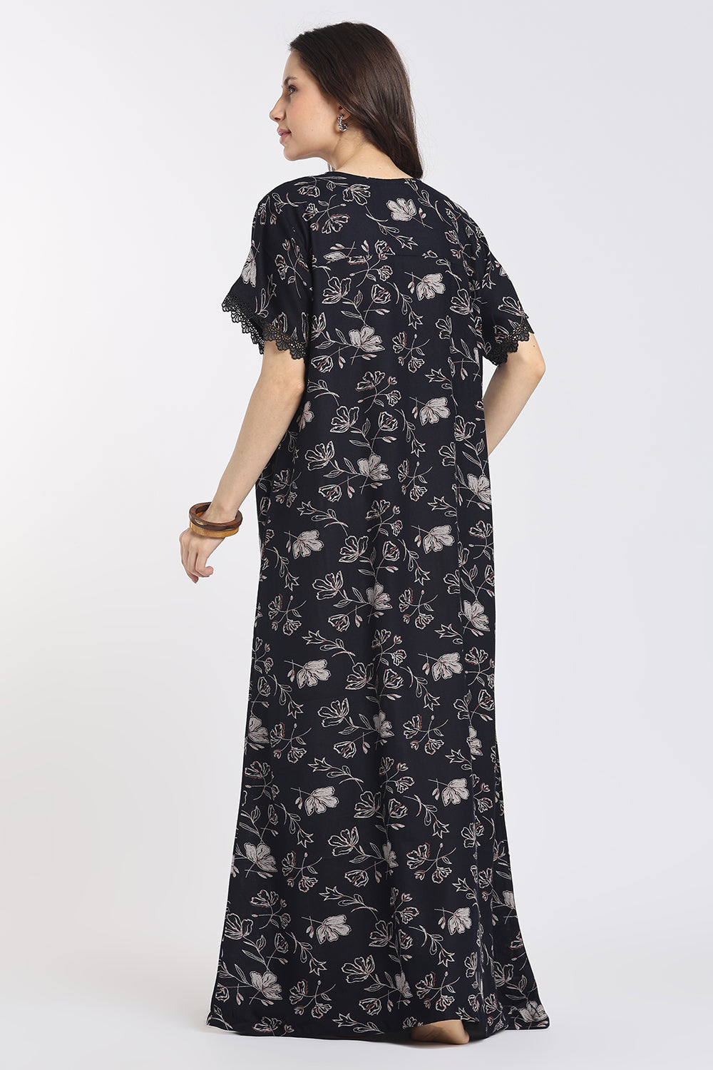 Naidu Hall Women's Printed Cotton A-Line Nighty | V-Neck Lace Detail, Short Sleeves & Full Length-NB64