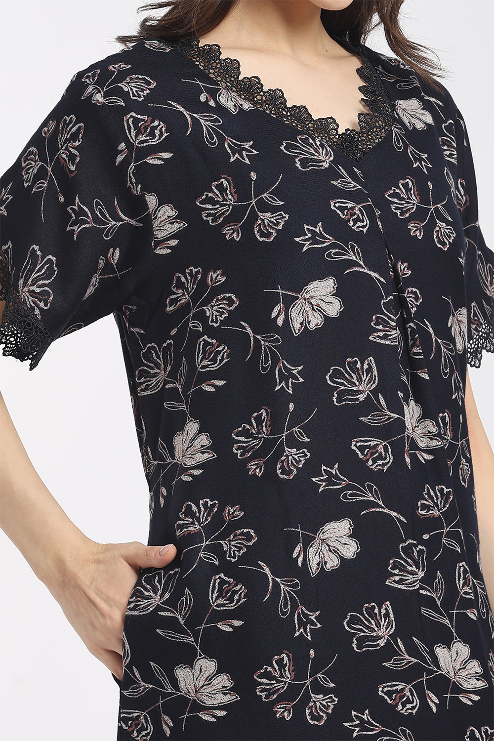 Naidu Hall Women's Printed Cotton A-Line Nighty | V-Neck Lace Detail, Short Sleeves & Full Length-NB64