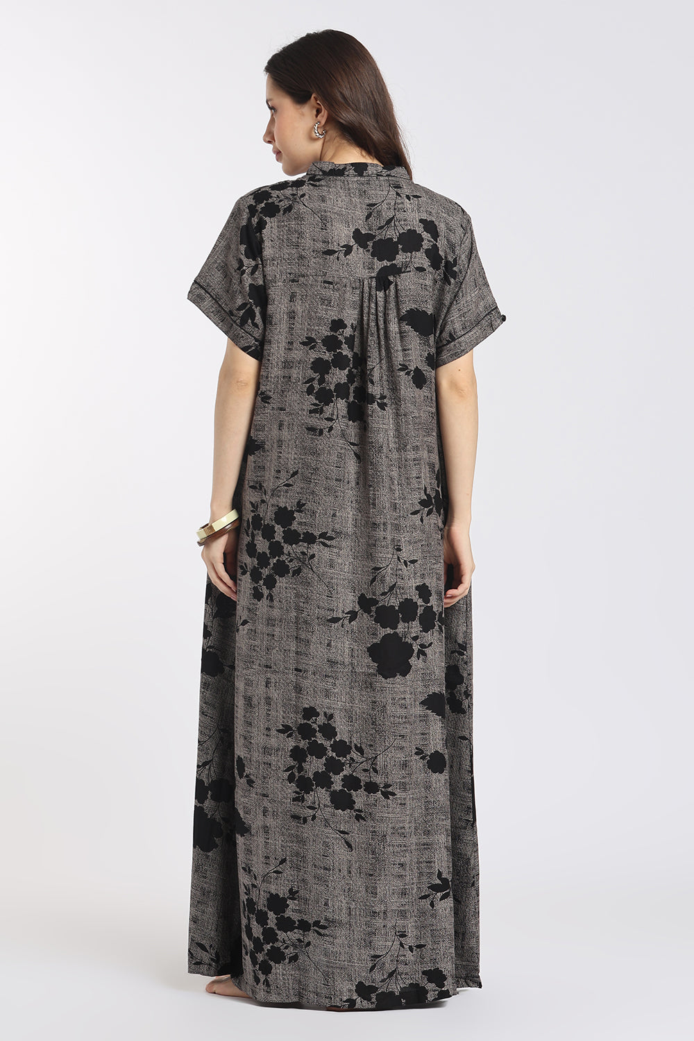 Naidu Hall Women's Printed Cotton Full-Length Nighty | Shawl Collar, Short Sleeves & Regular Fit-NB62