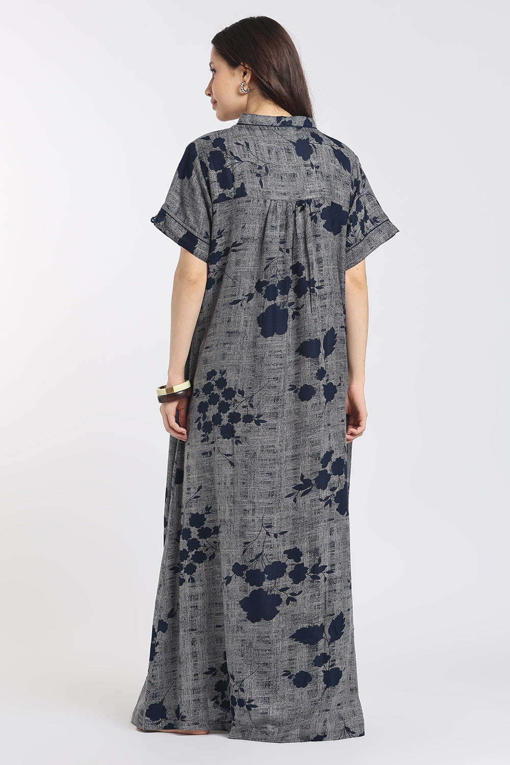 Naidu Hall Women's Printed Cotton Full-Length Nighty | Shawl Collar, Short Sleeves & Regular Fit-NB61