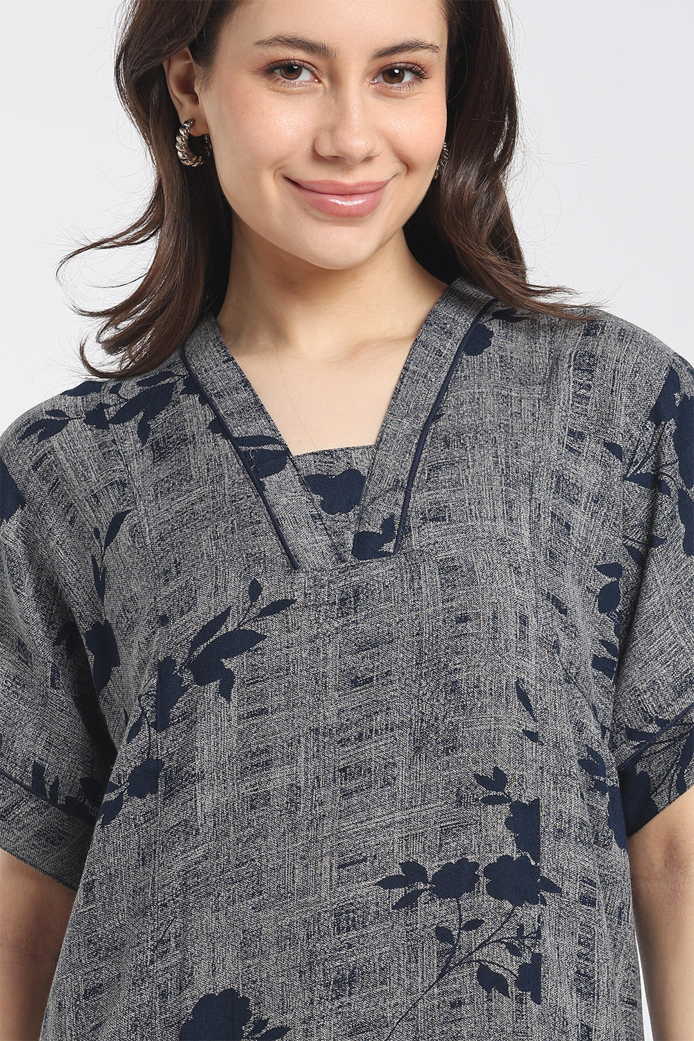 Naidu Hall Women's Printed Cotton Full-Length Nighty | Shawl Collar, Short Sleeves & Regular Fit-NB61